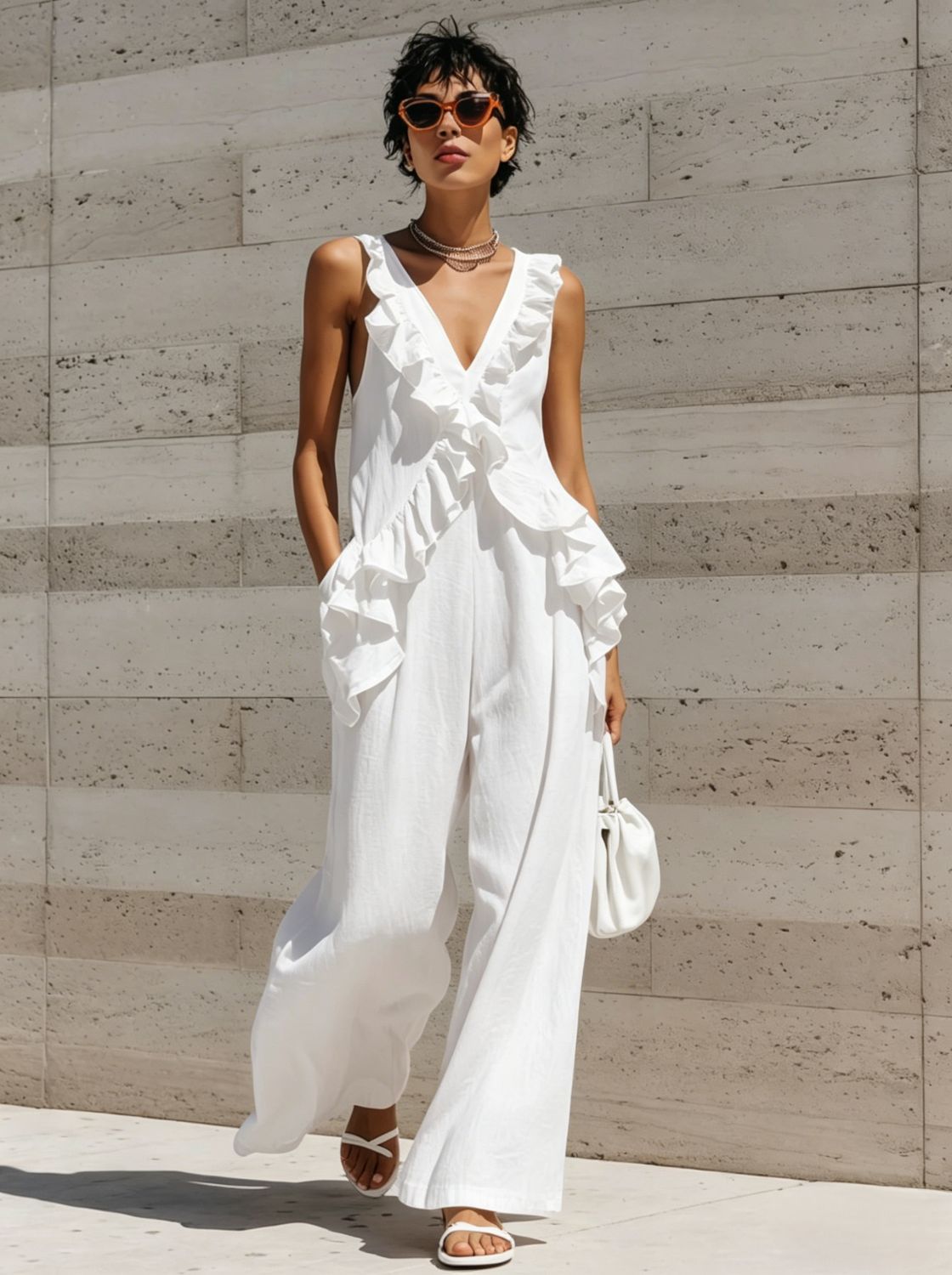 Elegant V-Neck Solid Color Jumpsuit