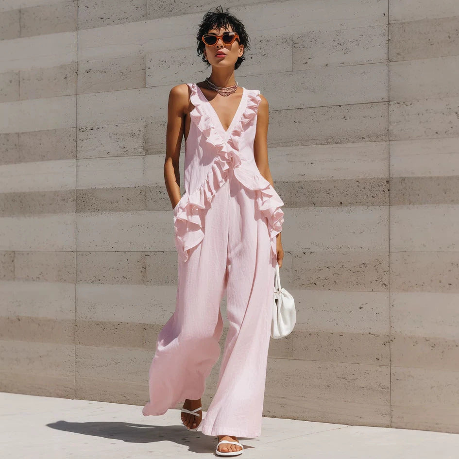 Elegant V-Neck Solid Color Jumpsuit