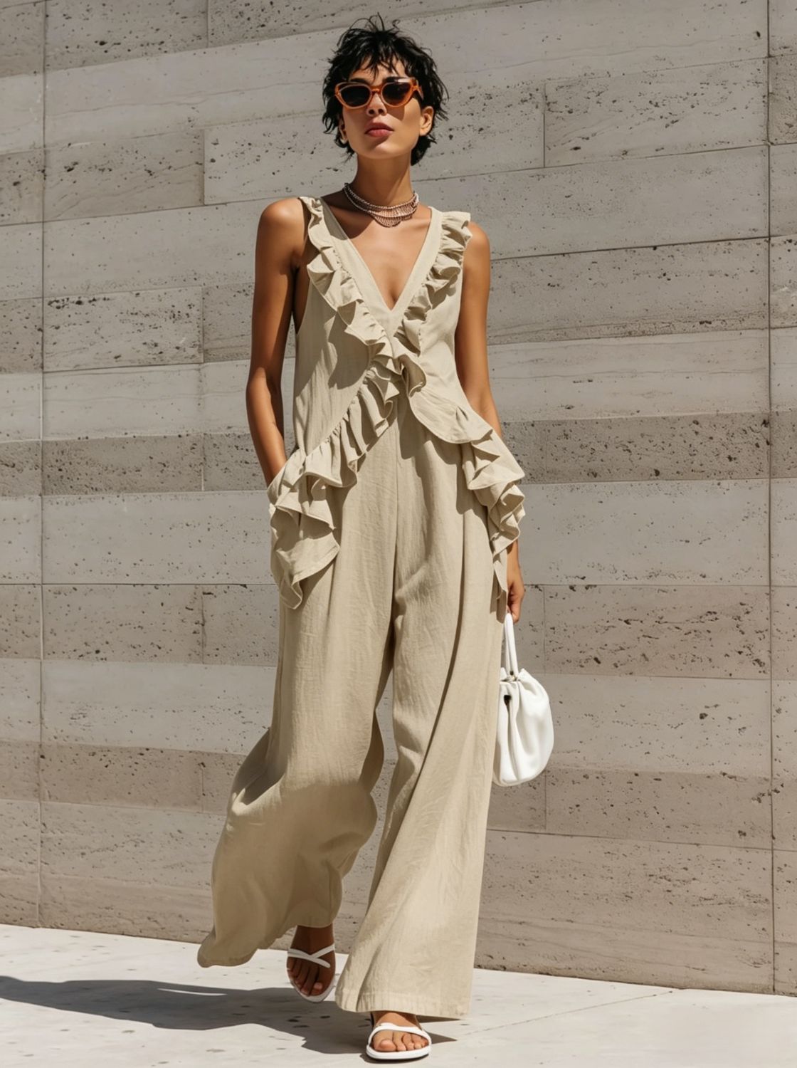 Elegant V-Neck Solid Color Jumpsuit