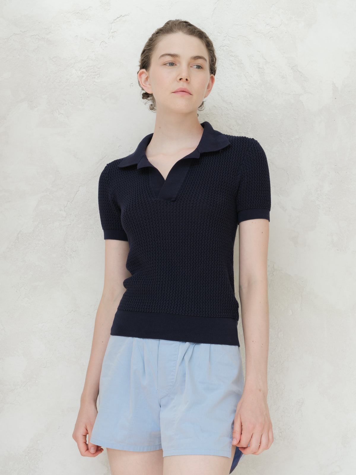 Polo crochet cotone donna beige collo polo artigianale toscana
