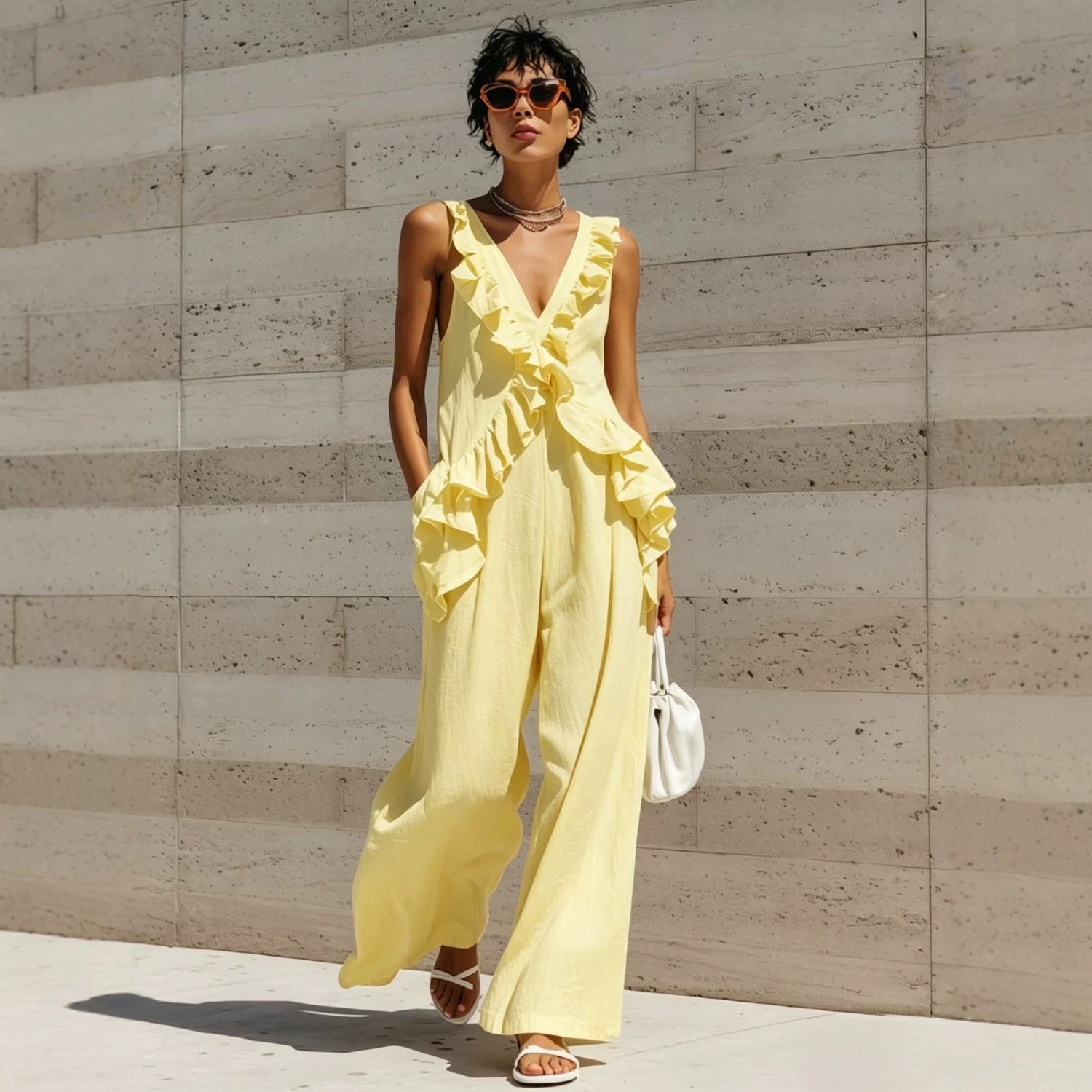 Elegant V-Neck Solid Color Jumpsuit