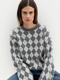 Maglia Girocollo Boxy in Baby Alpaca e Merino con Jacquard a Rombi