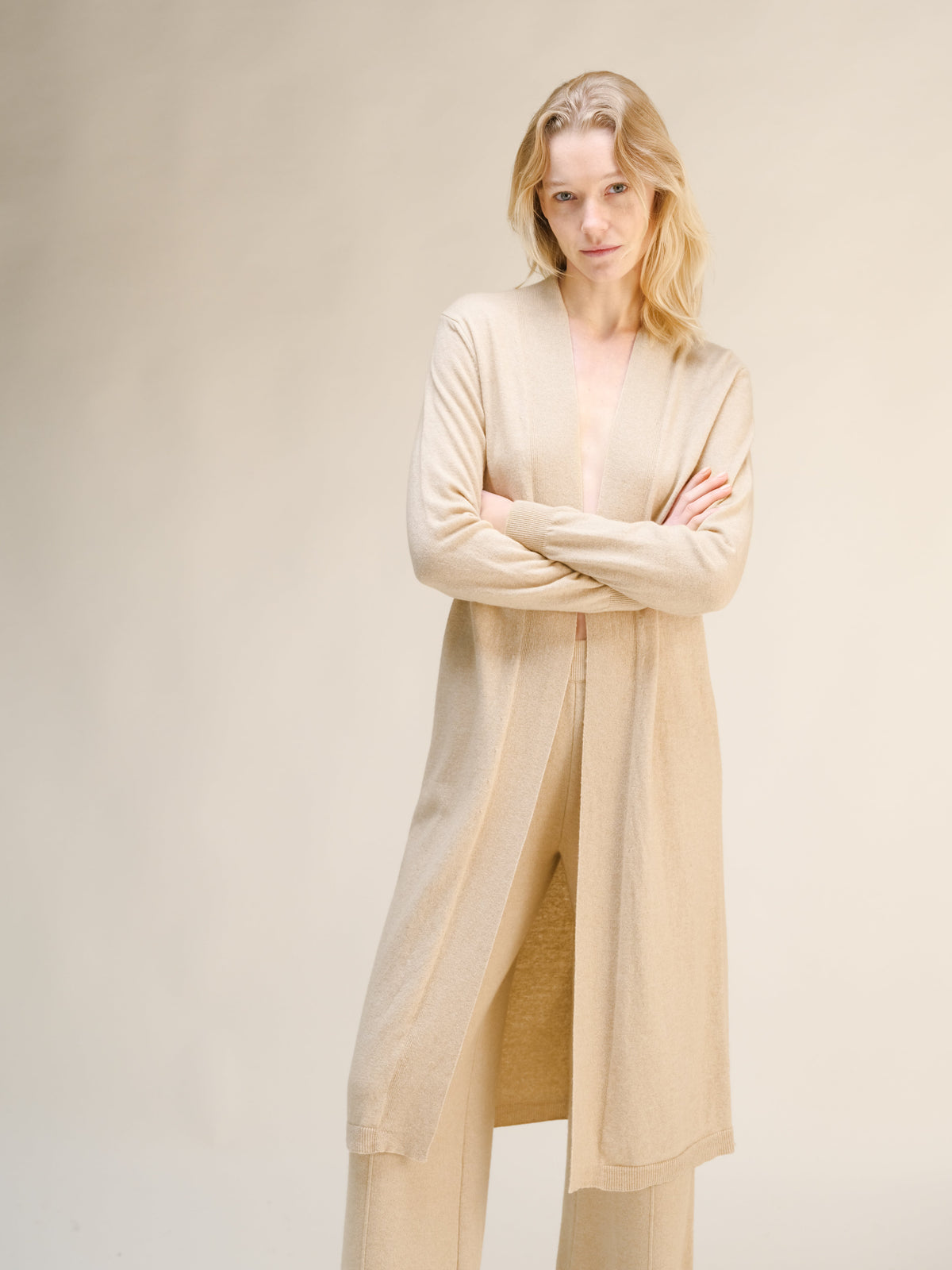 Cardigan Aperto in Lana e Cashmere con Maniche Lunghe