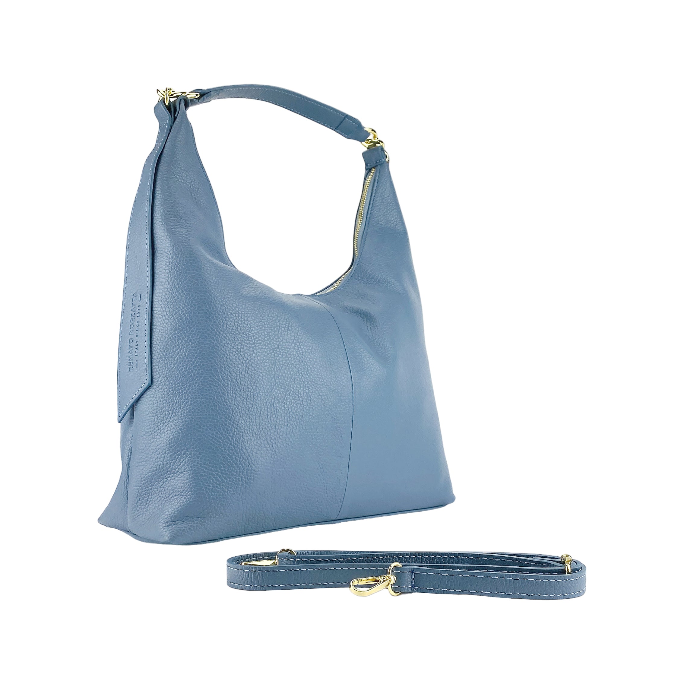 RB1017P | Women's Soft Shoulder Bag in Genuine Leather Made in Italy with removable shoulder strap. Shiny Gold metal snap hook attachments - Avio color - Dimensions: cm 36 x 40 x 13