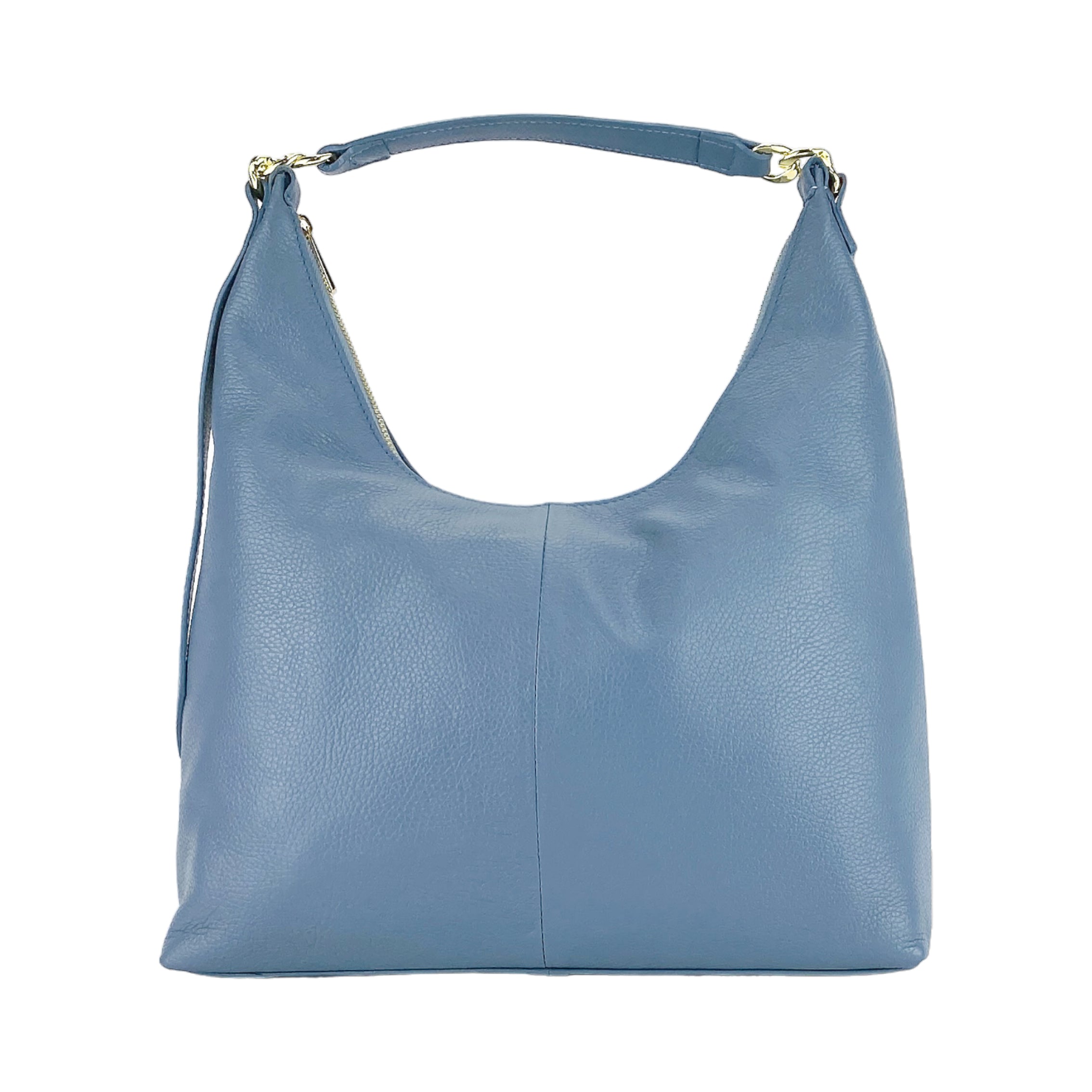RB1017P | Women's Soft Shoulder Bag in Genuine Leather Made in Italy with removable shoulder strap. Shiny Gold metal snap hook attachments - Avio color - Dimensions: cm 36 x 40 x 13