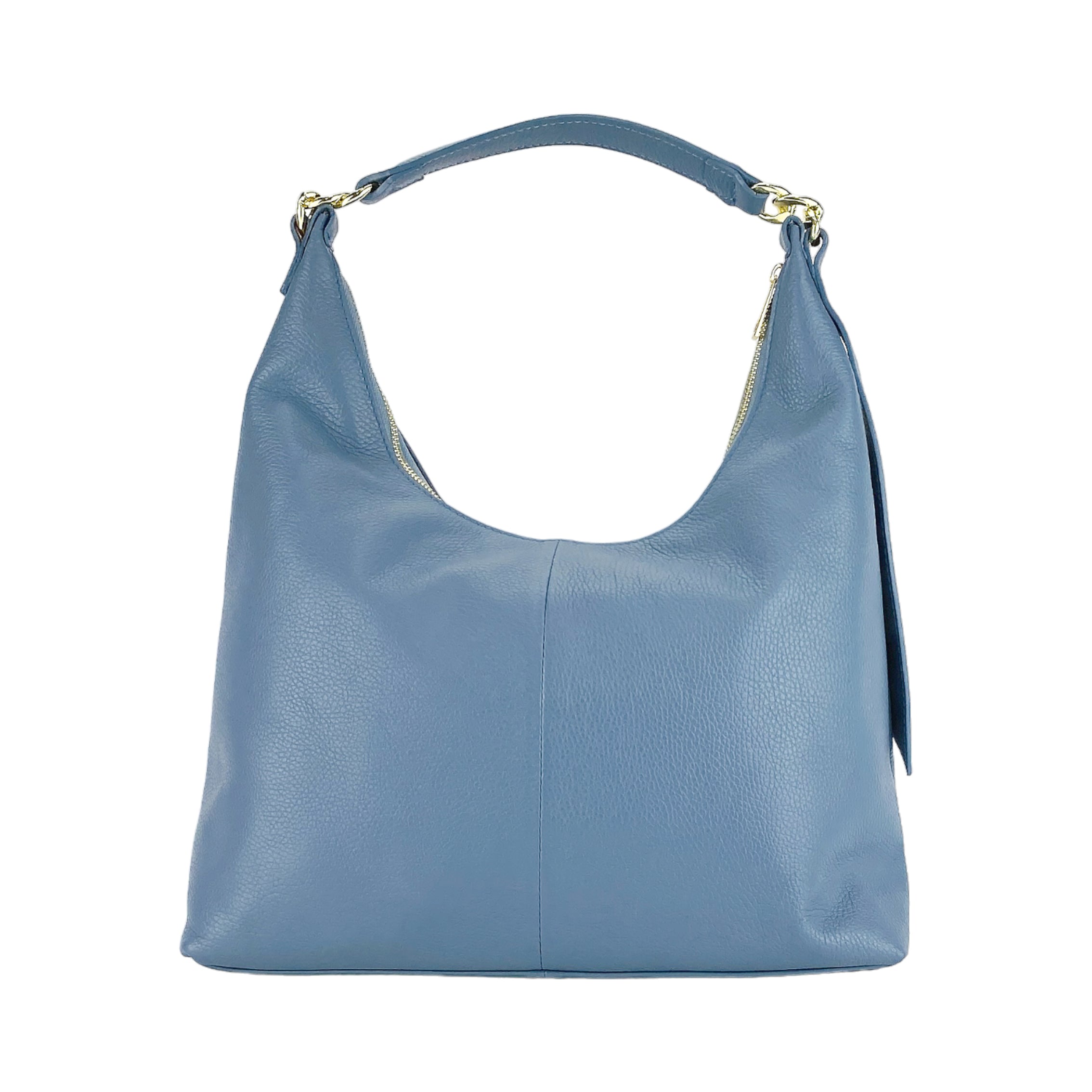 RB1017P | Women's Soft Shoulder Bag in Genuine Leather Made in Italy with removable shoulder strap. Shiny Gold metal snap hook attachments - Avio color - Dimensions: cm 36 x 40 x 13