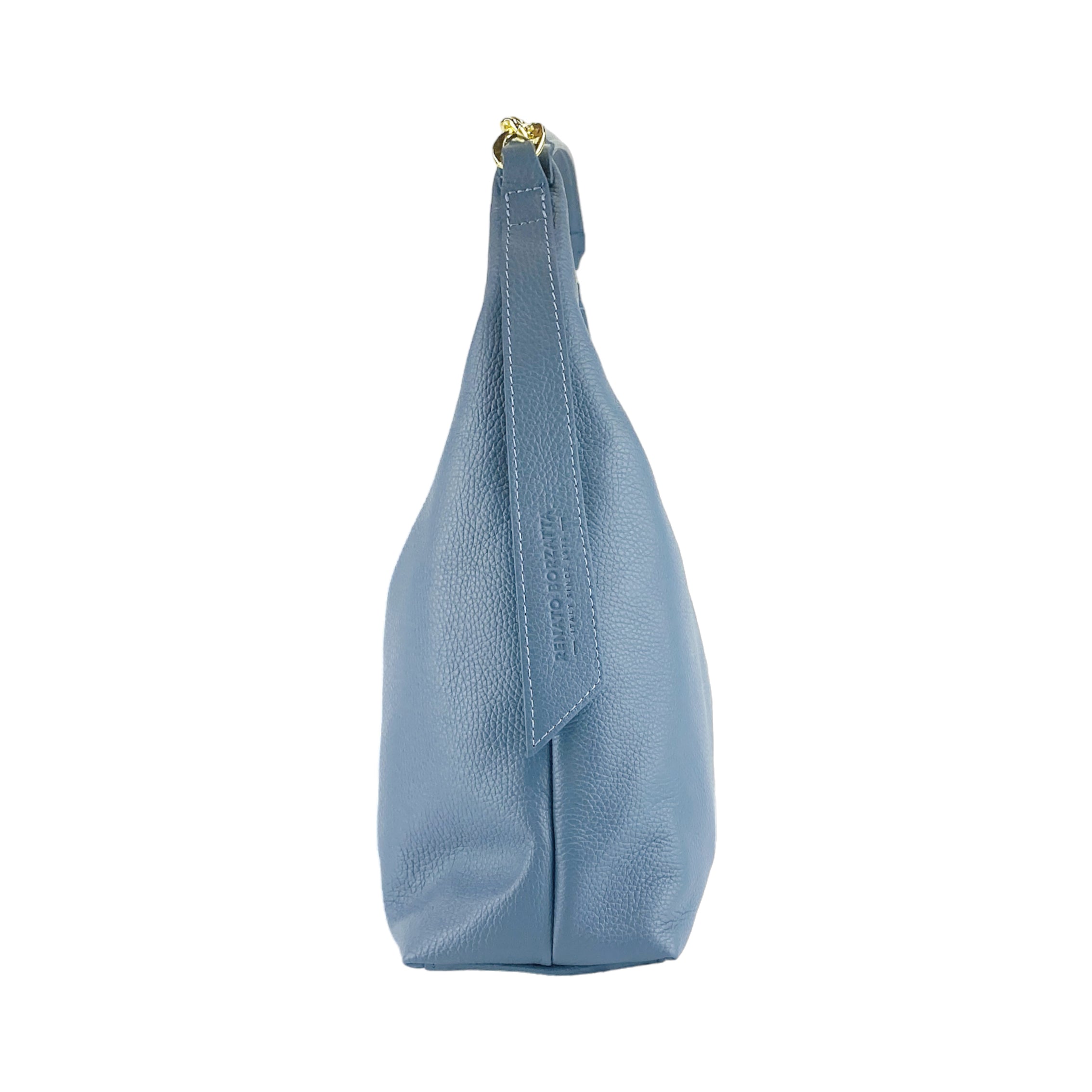 RB1017P | Women's Soft Shoulder Bag in Genuine Leather Made in Italy with removable shoulder strap. Shiny Gold metal snap hook attachments - Avio color - Dimensions: cm 36 x 40 x 13
