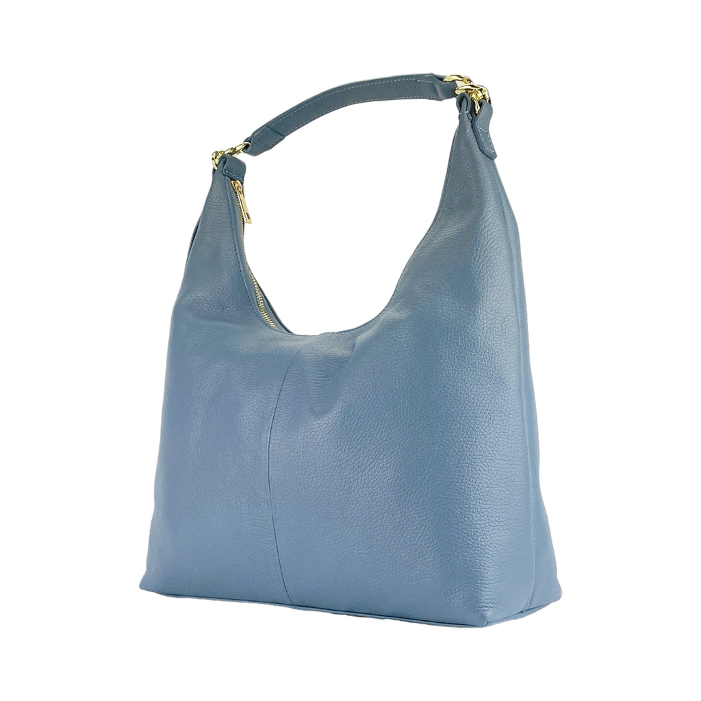 RB1017P | Women's Soft Shoulder Bag in Genuine Leather Made in Italy with removable shoulder strap. Shiny Gold metal snap hook attachments - Avio color - Dimensions: cm 36 x 40 x 13