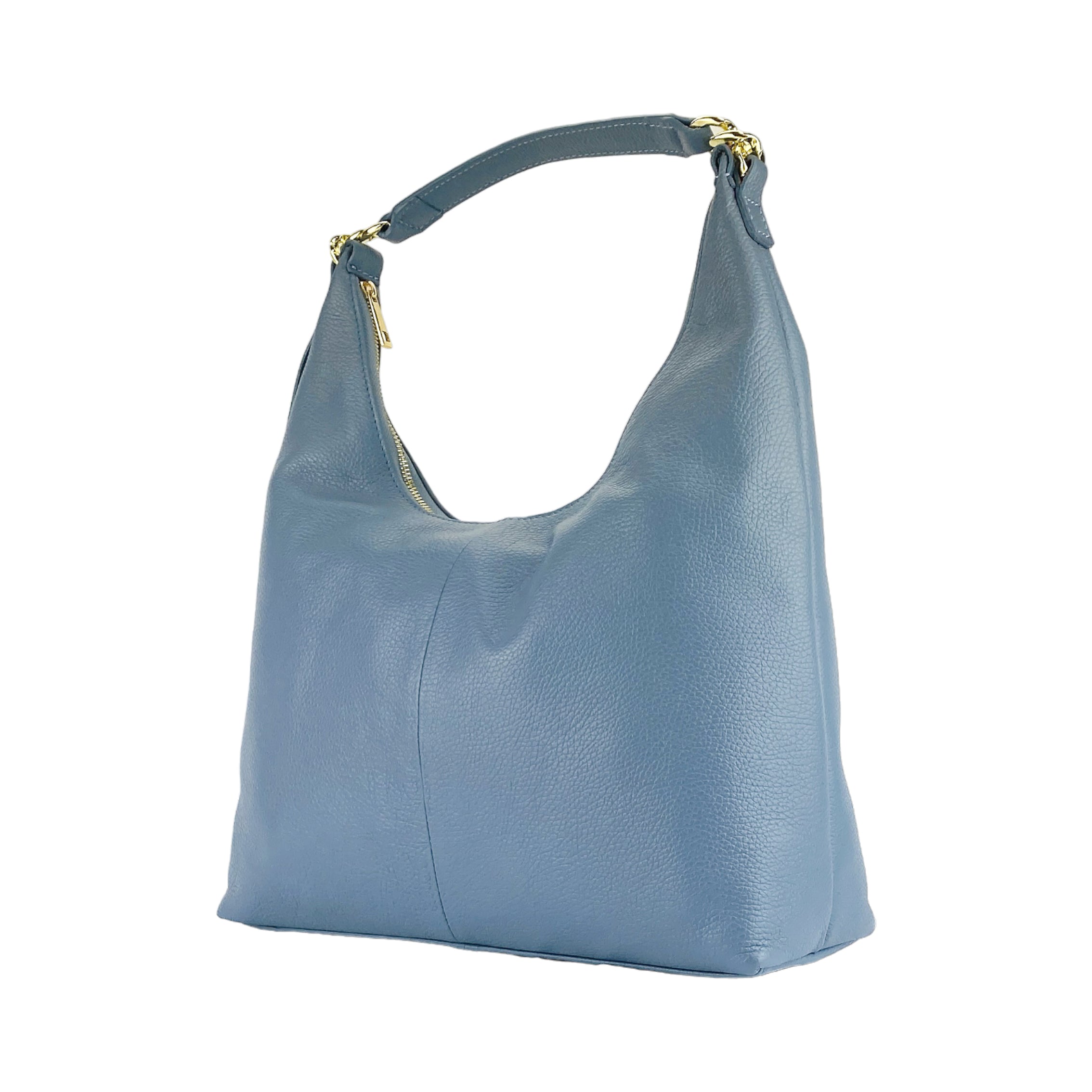 RB1017P | Women's Soft Shoulder Bag in Genuine Leather Made in Italy with removable shoulder strap. Shiny Gold metal snap hook attachments - Avio color - Dimensions: cm 36 x 40 x 13