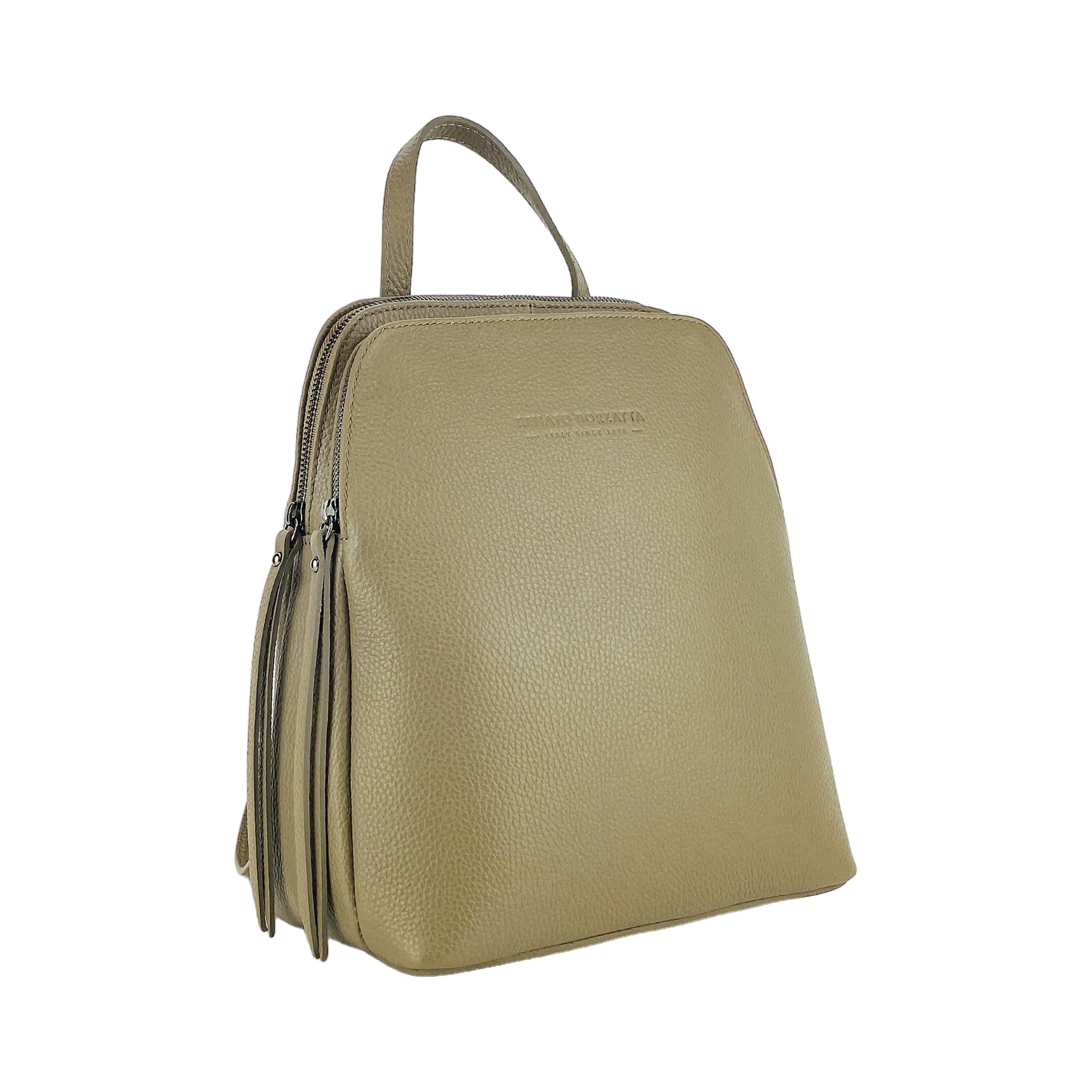 RB1018AQ | Women's Double Compartment Backpack in Genuine Leather Made in Italy with adjustable shoulder straps. Gunmetal metal hardware - Taupe color - Dimensions: cm 26 x 30 x 14.5