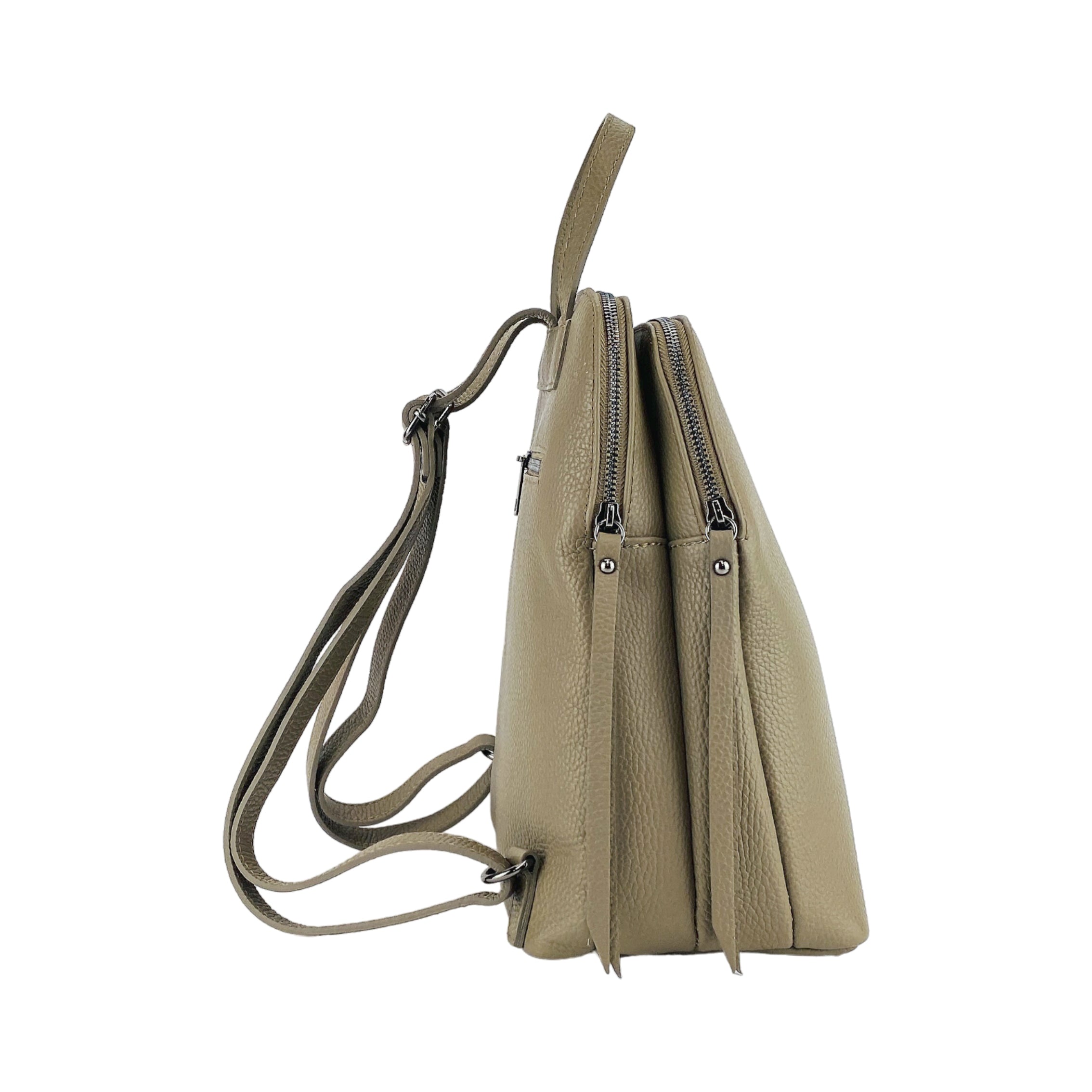 RB1018AQ | Women's Double Compartment Backpack in Genuine Leather Made in Italy with adjustable shoulder straps. Gunmetal metal hardware - Taupe color - Dimensions: cm 26 x 30 x 14.5
