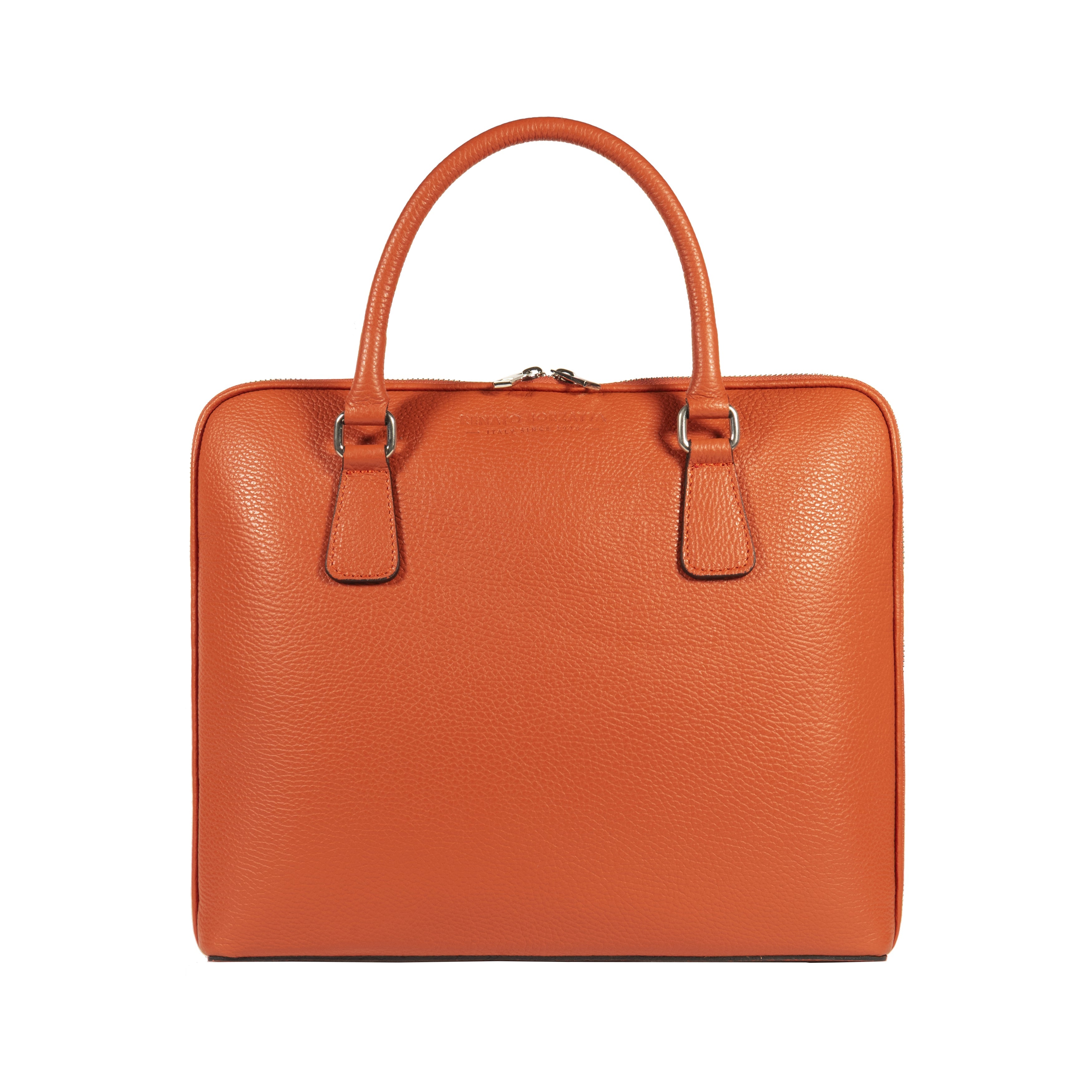 RB1019L | Made in Italy Genuine Leather Unisex Business Briefcase with removable shoulder strap. Polished Nickel metal snap hook attachments - Orange color - Dimensions: 37 x 29 x 6.5 cm.