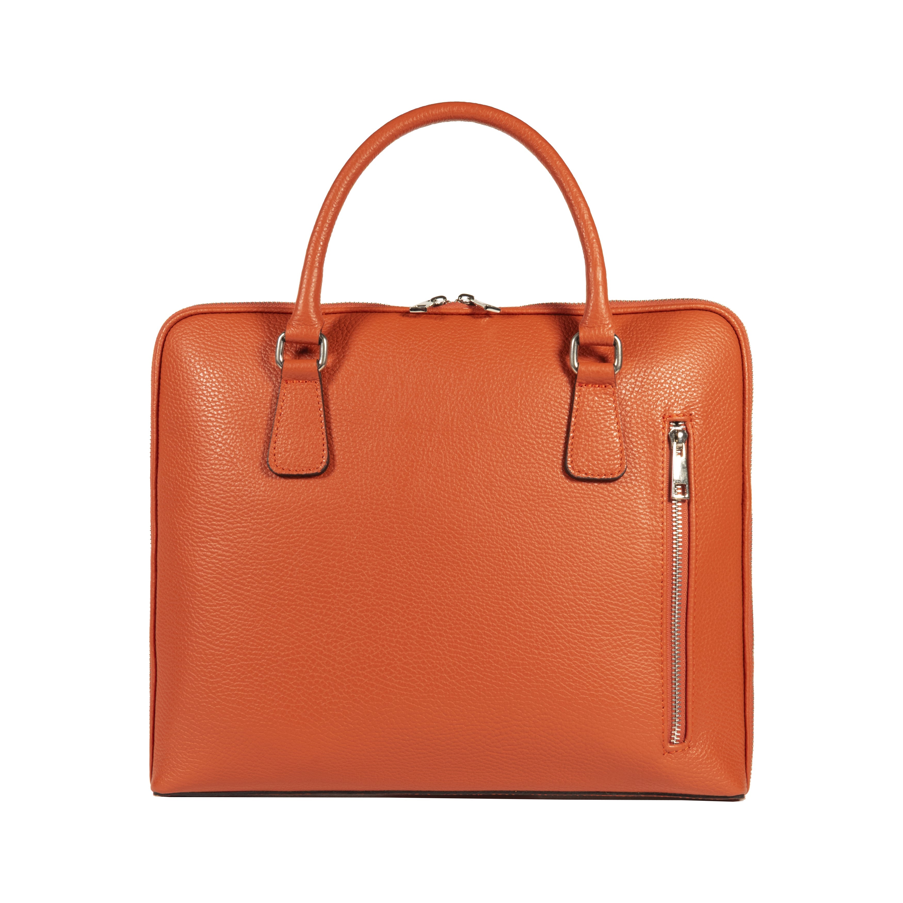 RB1019L | Made in Italy Genuine Leather Unisex Business Briefcase with removable shoulder strap. Polished Nickel metal snap hook attachments - Orange color - Dimensions: 37 x 29 x 6.5 cm.