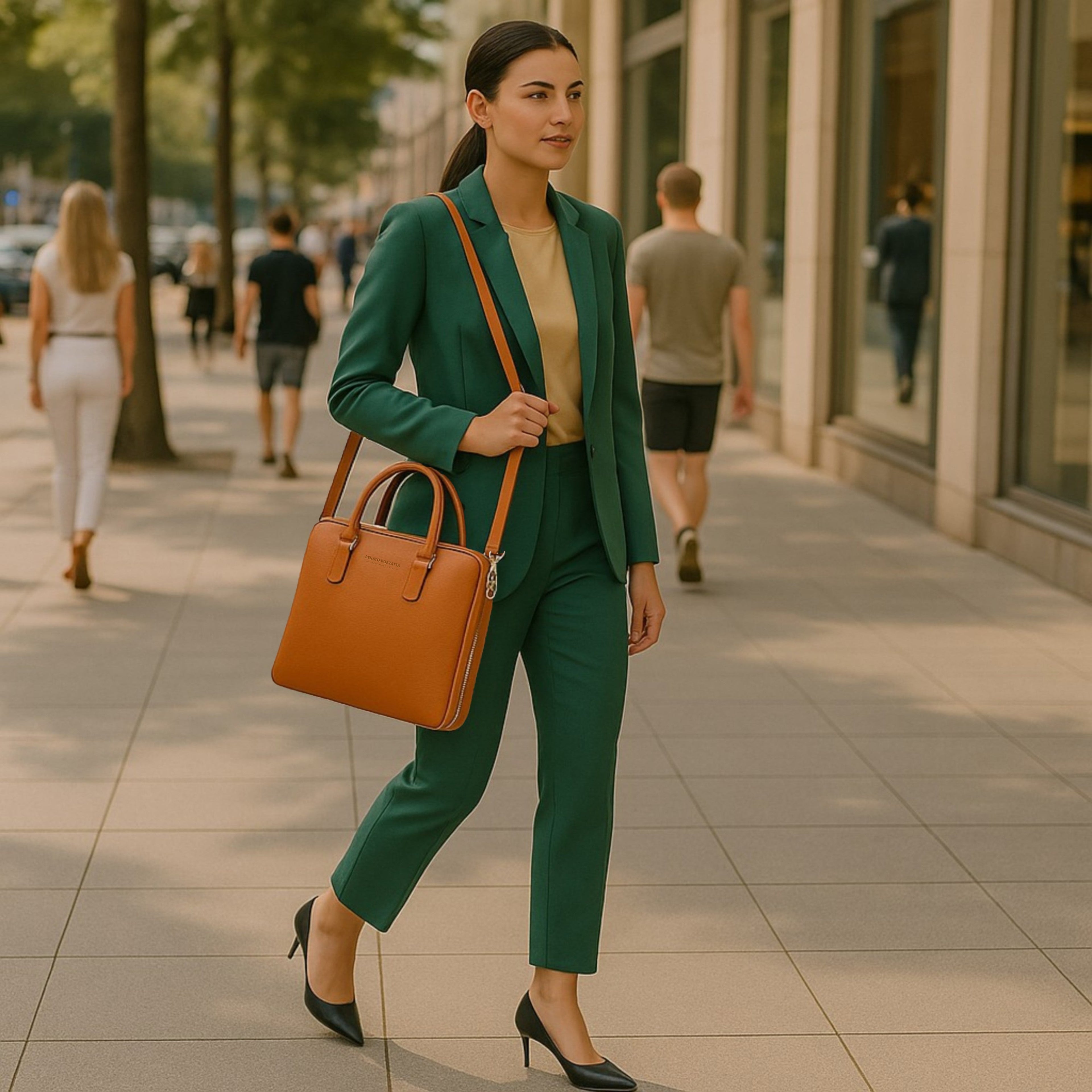 RB1019L | Made in Italy Genuine Leather Unisex Business Briefcase with removable shoulder strap. Polished Nickel metal snap hook attachments - Orange color - Dimensions: 37 x 29 x 6.5 cm.