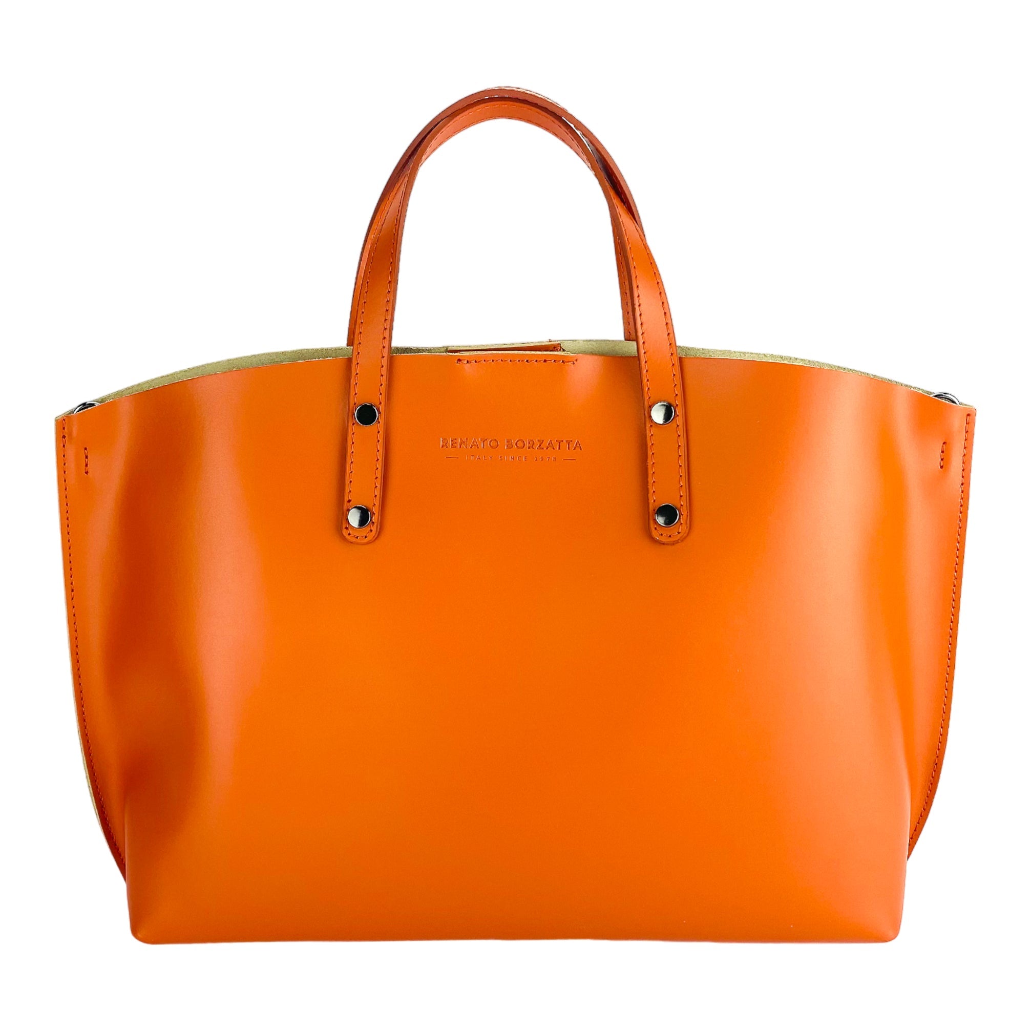 RB1024AM  | Borsa Donna a Mano in Vera Pelle Made in Italy con tracolla removibile. Sacca grande interna estraibile. Accessori Canna di Fucile Lucido - Colore Paprika - Dimensioni: cm 48x31x11