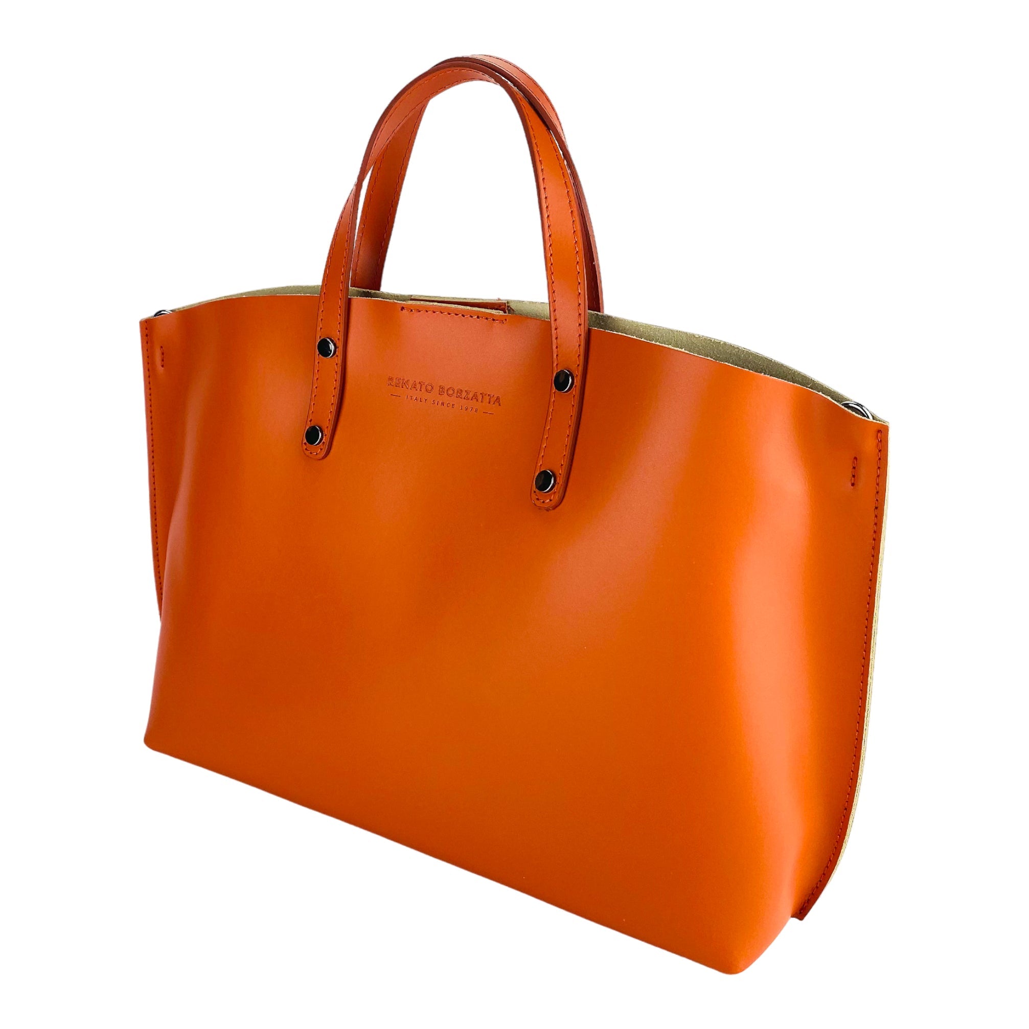 RB1024AM  | Borsa Donna a Mano in Vera Pelle Made in Italy con tracolla removibile. Sacca grande interna estraibile. Accessori Canna di Fucile Lucido - Colore Paprika - Dimensioni: cm 48x31x11
