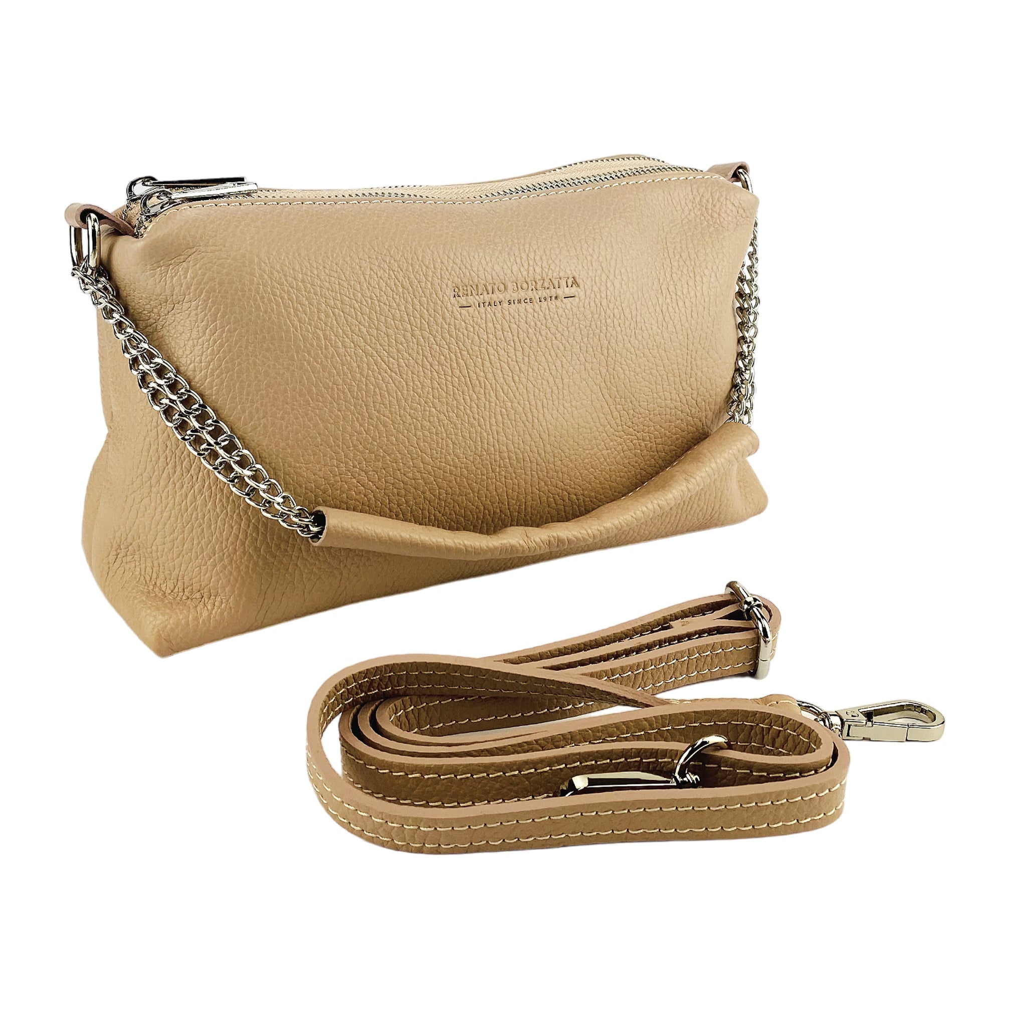 RB1025AU | Women's Hand Bag with double zipper in Genuine Leather Made in Italy. Adjustable leather shoulder strap. Shiny Nickel hardware - Powder color - Dimensions: 26 x 14 x 9 cm.