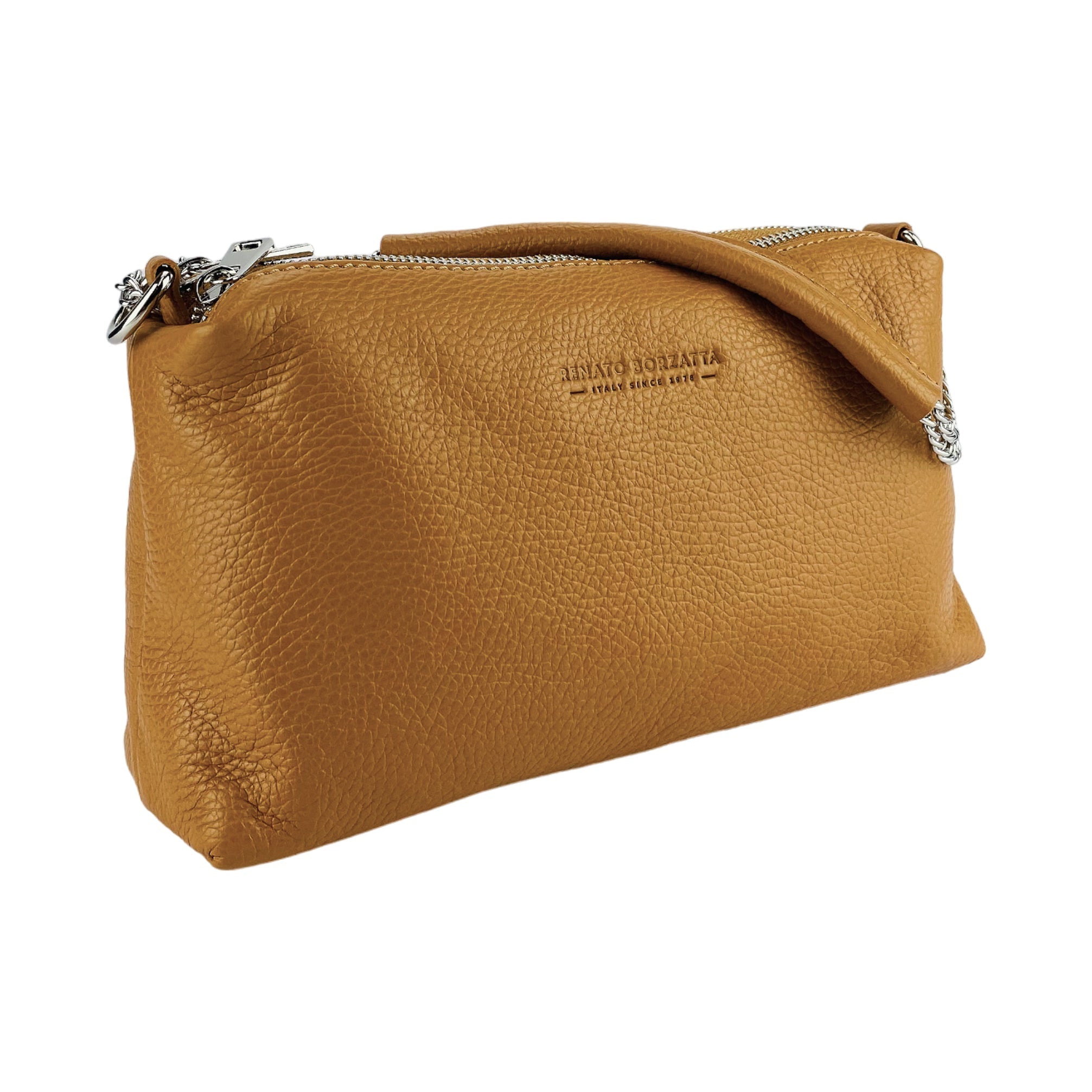 RB1025S  | Borsa Donna a Mano con doppia lampo in Vera Pelle Made in Italy. Tracolla in pelle regolabile. Accessori Nickel Lucido - Colore Cognac - Dimensioni: cm 26 x 14 x 9