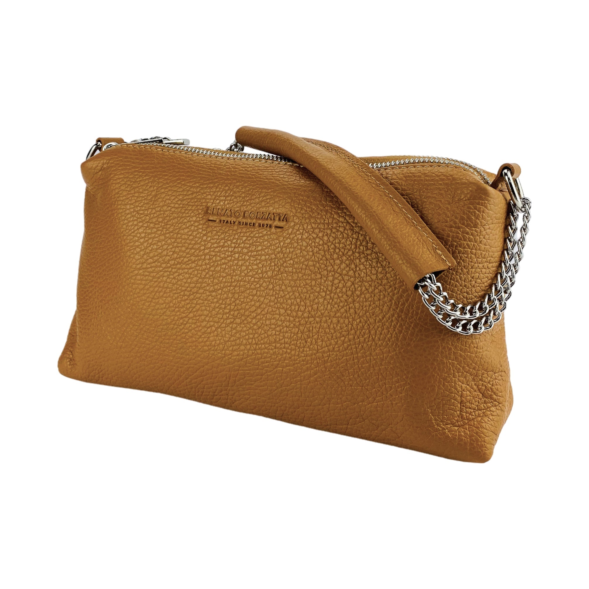 RB1025S  | Borsa Donna a Mano con doppia lampo in Vera Pelle Made in Italy. Tracolla in pelle regolabile. Accessori Nickel Lucido - Colore Cognac - Dimensioni: cm 26 x 14 x 9
