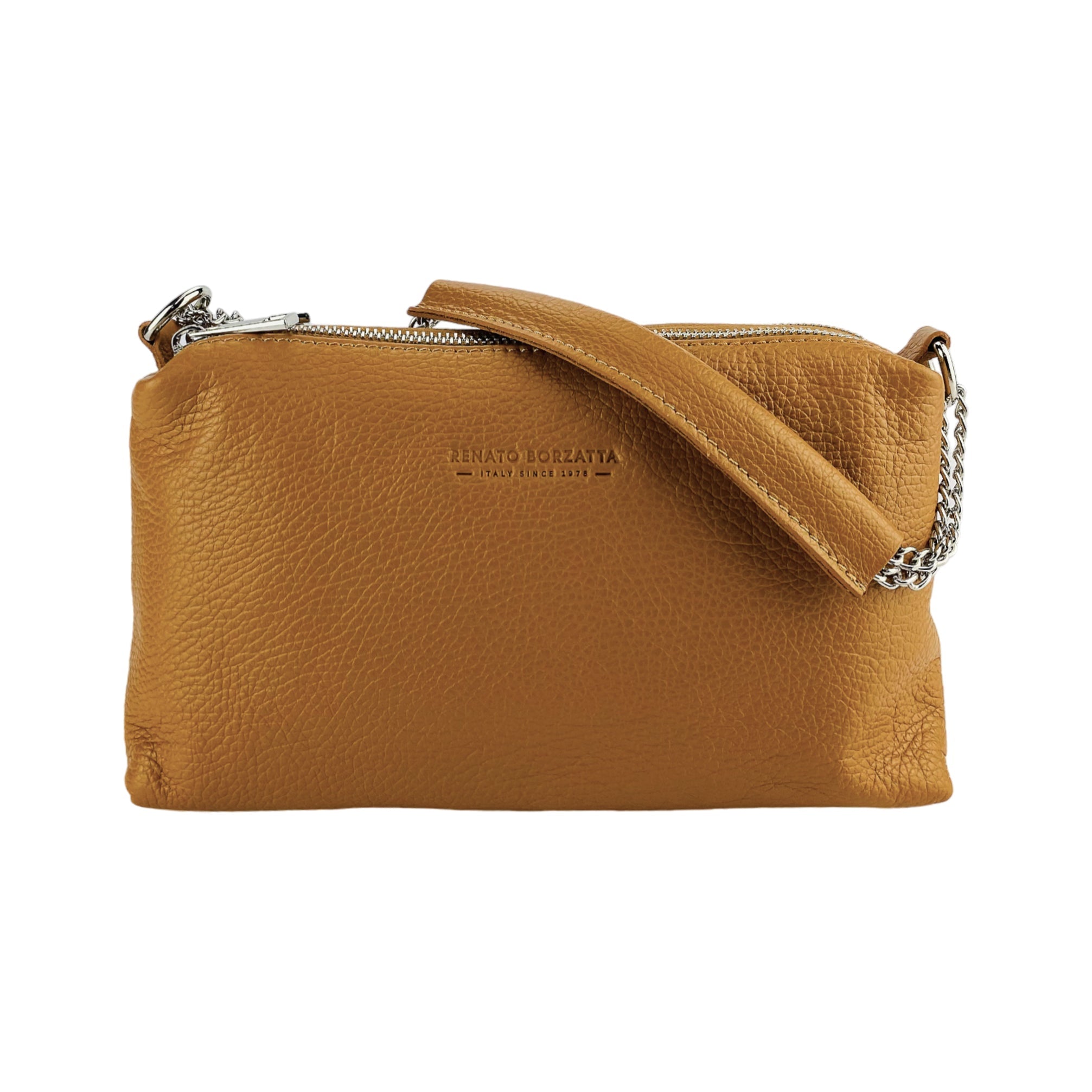RB1025S  | Borsa Donna a Mano con doppia lampo in Vera Pelle Made in Italy. Tracolla in pelle regolabile. Accessori Nickel Lucido - Colore Cognac - Dimensioni: cm 26 x 14 x 9