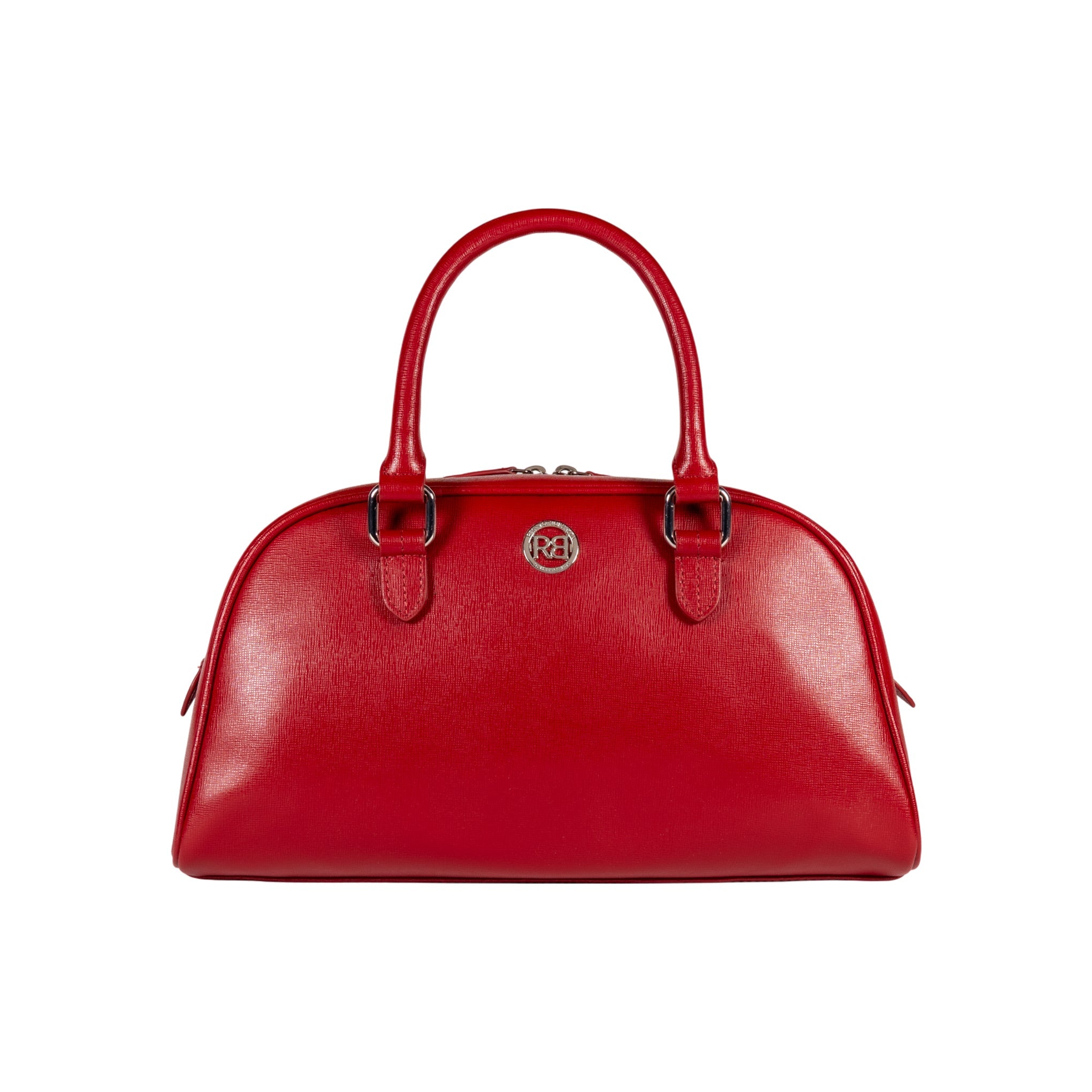 RB1034V | VIRGINIA Women's Bowling Bag in Genuine Saffiano Leather Made in Italy. Polished Silver Metal Hardware. Color: Red. Dimensions: 35 x 19 x 14.5 + 12 cm (handle drop)