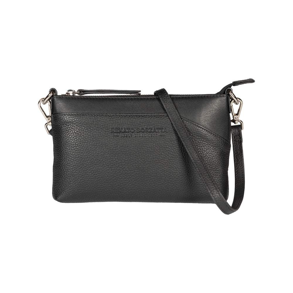RB2003A | Genuine full-grain leather shoulder/wrist bag, dollar/light grain. Removable shoulder strap and handle. Black color. Dimensions: 22 x 14 x 2.5 cm. Packaging: Non-Woven Fabric Bag