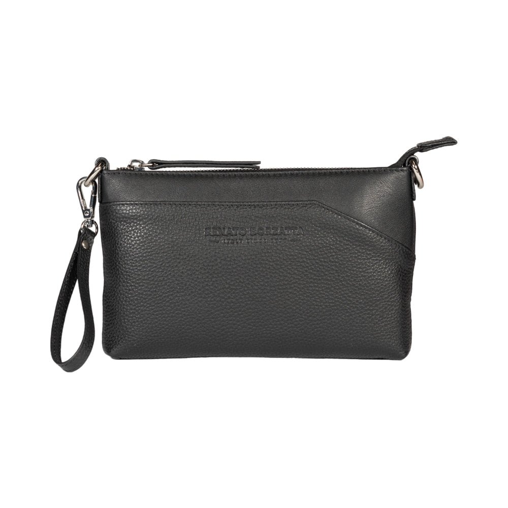 RB2003A | Genuine full-grain leather shoulder/wrist bag, dollar/light grain. Removable shoulder strap and handle. Black color. Dimensions: 22 x 14 x 2.5 cm. Packaging: Non-Woven Fabric Bag