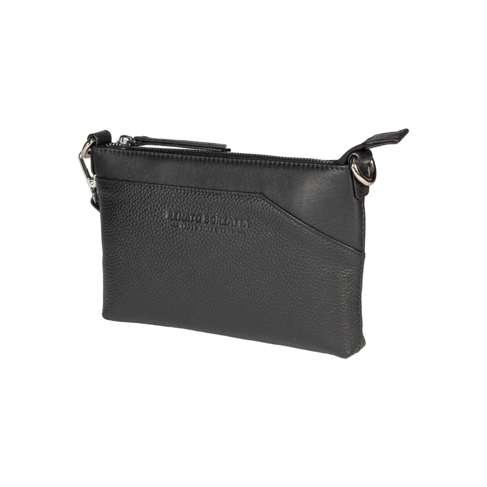 RB2003A | Genuine full-grain leather shoulder/wrist bag, dollar/light grain. Removable shoulder strap and handle. Black color. Dimensions: 22 x 14 x 2.5 cm. Packaging: Non-Woven Fabric Bag