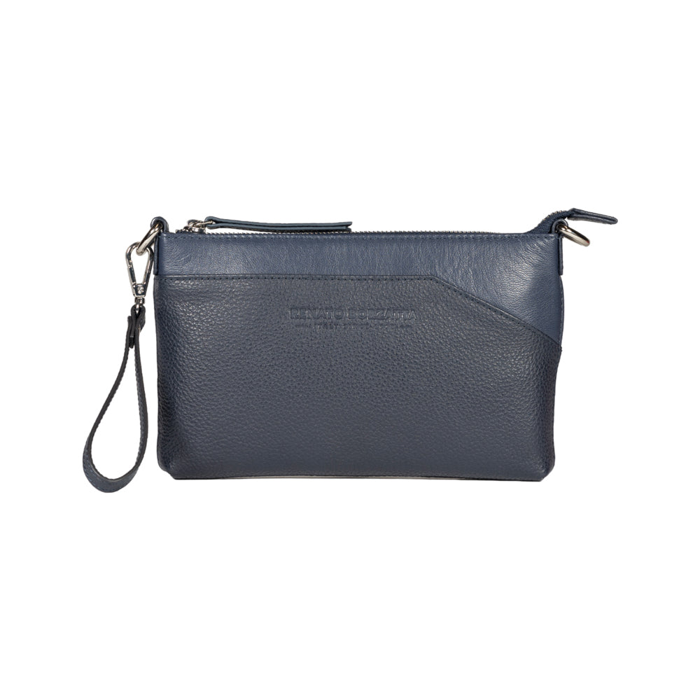 RB2003D | Genuine full-grain leather shoulder/wrist bag, dollar/light grain. Removable shoulder strap and handle. Blue color. Dimensions: 22 x 14 x 2.5 cm. Packaging: Non-Woven Fabric Bag