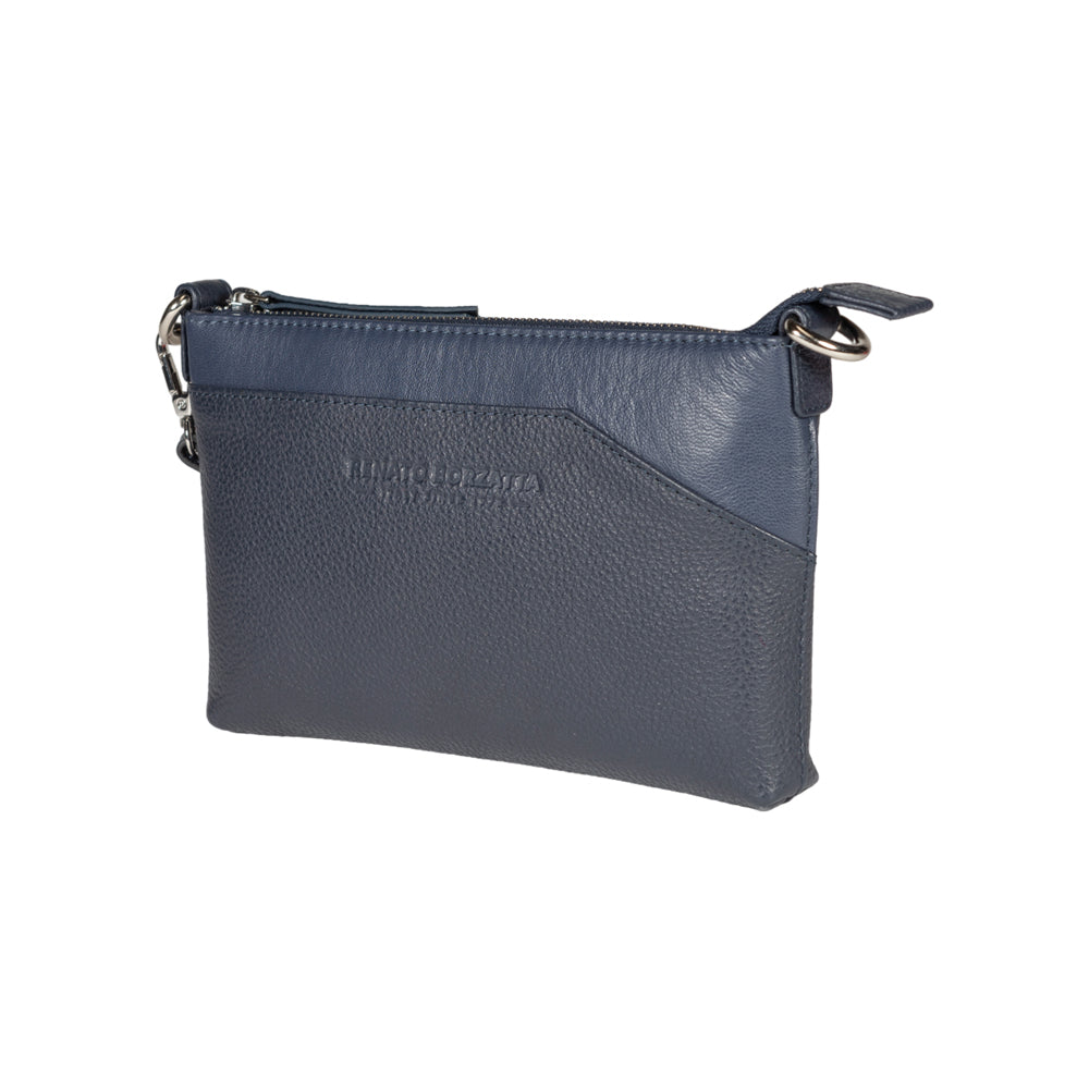 RB2003D | Genuine full-grain leather shoulder/wrist bag, dollar/light grain. Removable shoulder strap and handle. Blue color. Dimensions: 22 x 14 x 2.5 cm. Packaging: Non-Woven Fabric Bag