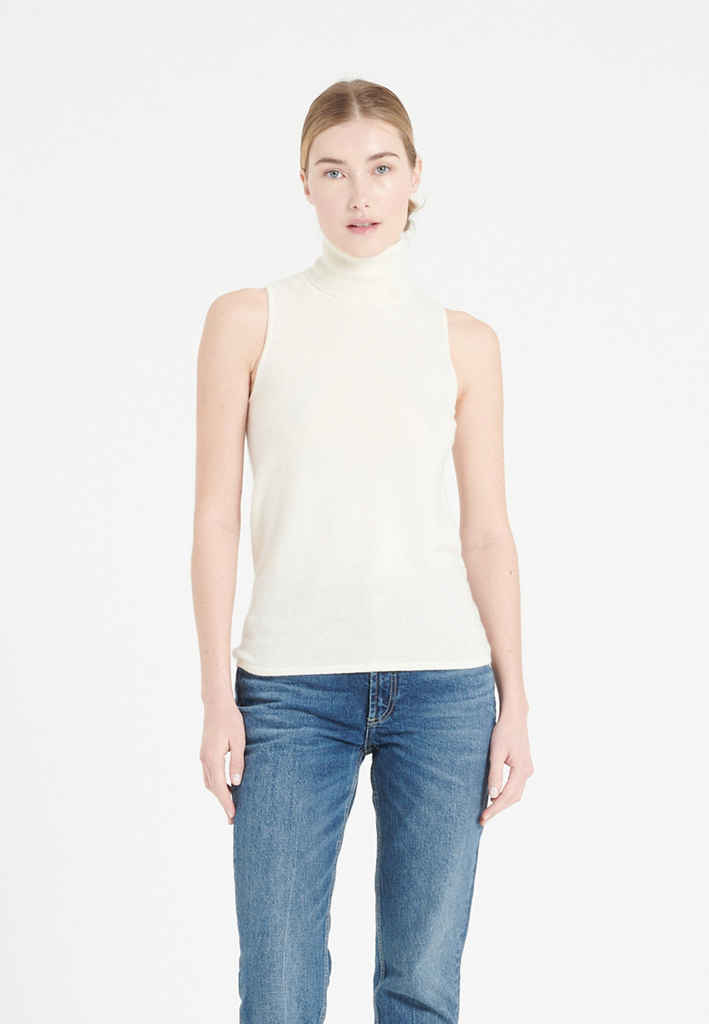Pull col roulé sans manches femme en cachemire blanc écru - LILLY 13-0