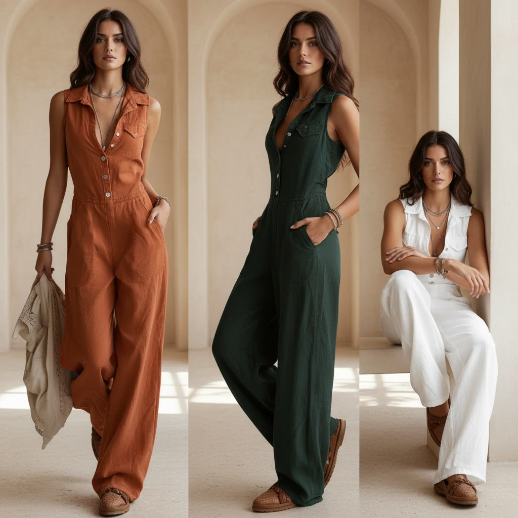 Western Sleeveless Wide-Leg Button-Down Jumpsuit