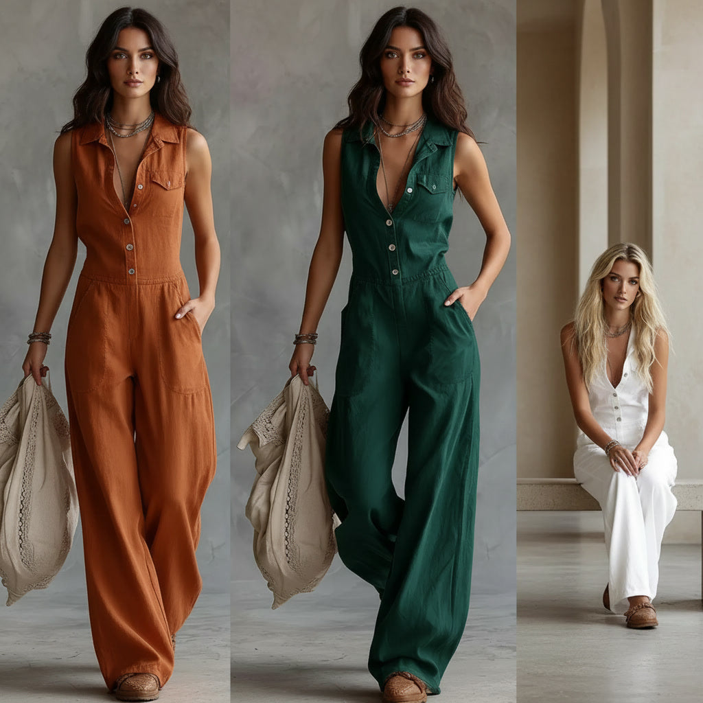 Western Sleeveless Wide-Leg Button-Down Jumpsuit