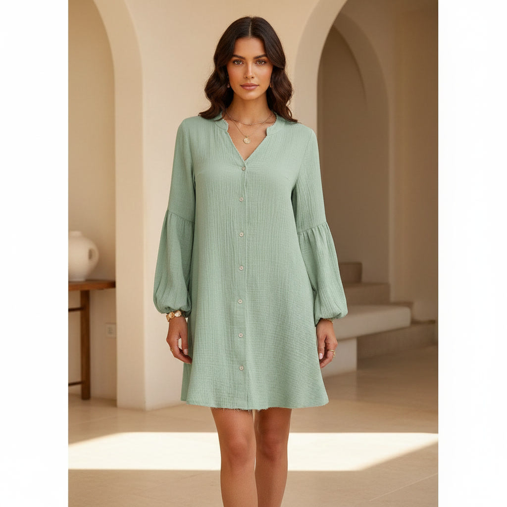 Devine Notched Balloon Sleeve Mini Dress