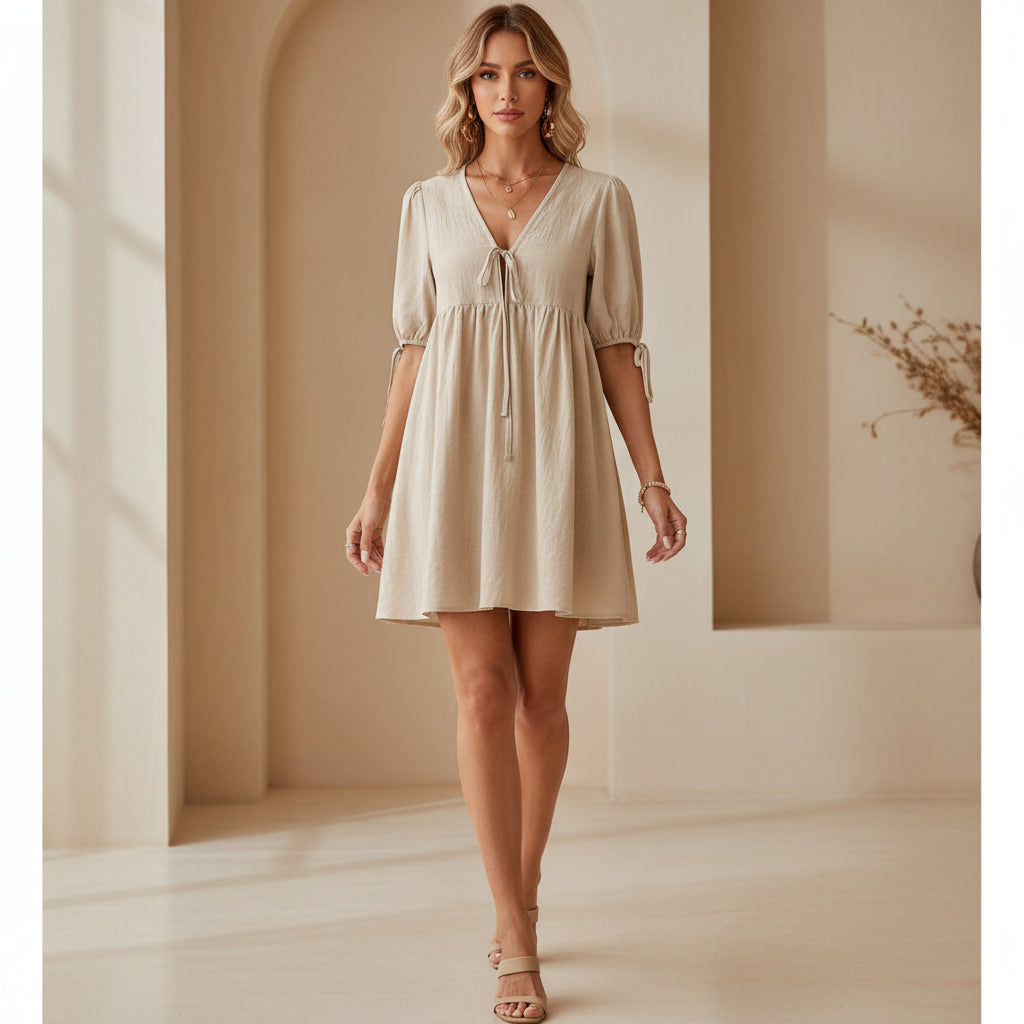 V-Neck Tie-Front Mini Dress with Puff Sleeves