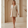V-Neck Tie-Front Mini Dress with Puff Sleeves