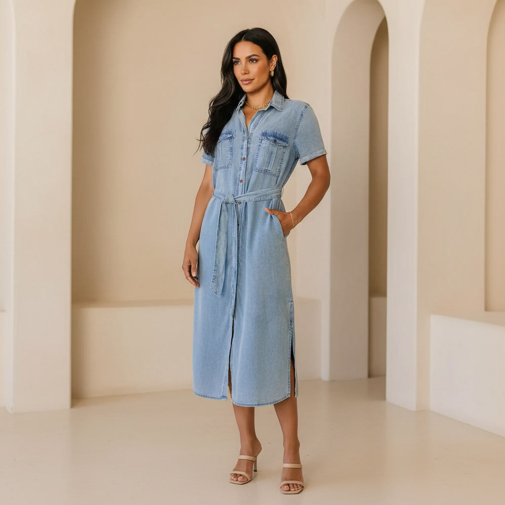 Button Front Short Sleeve Denim Dress