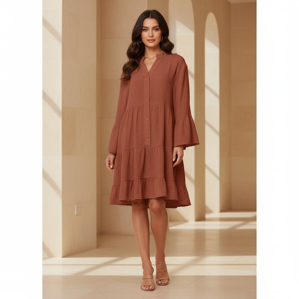 Double Take Full Size Texture Button Up Ruffle Hem Dress