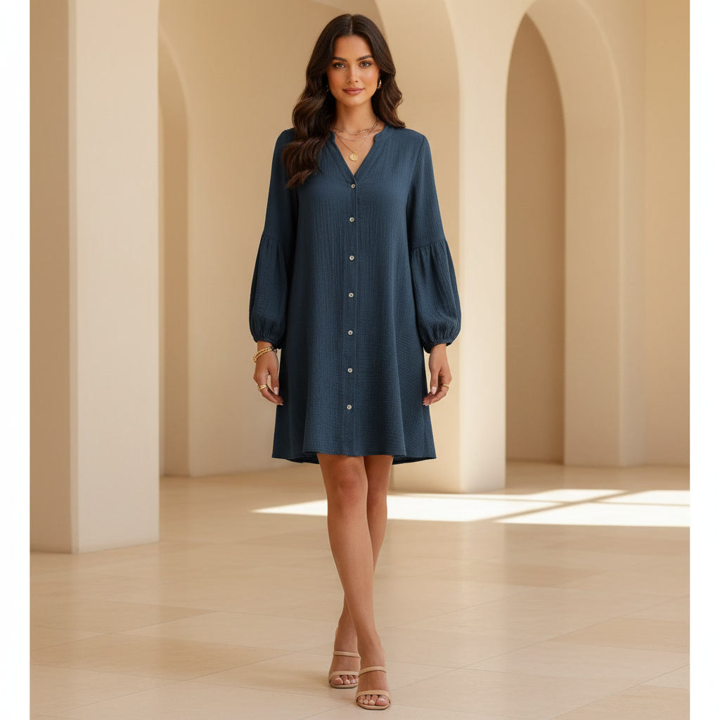 Devine Notched Balloon Sleeve Mini Dress