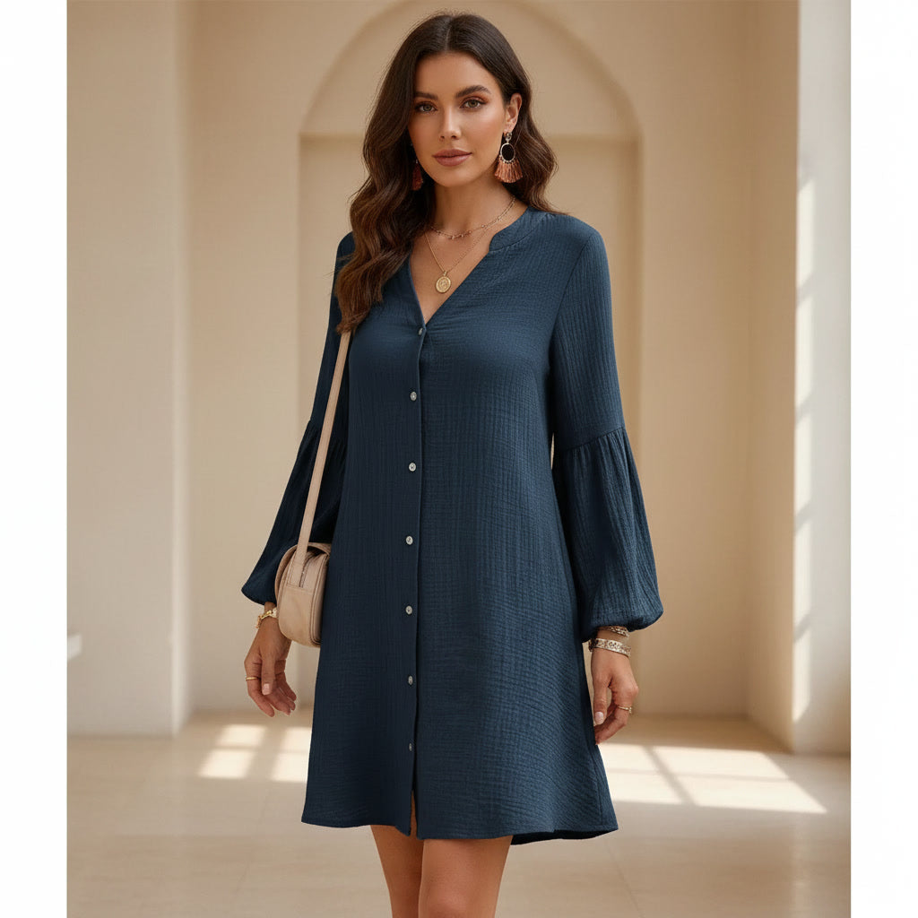 Devine Notched Balloon Sleeve Mini Dress