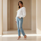 Eyelet Long Sleeve Blouse with Elastic Cuffs