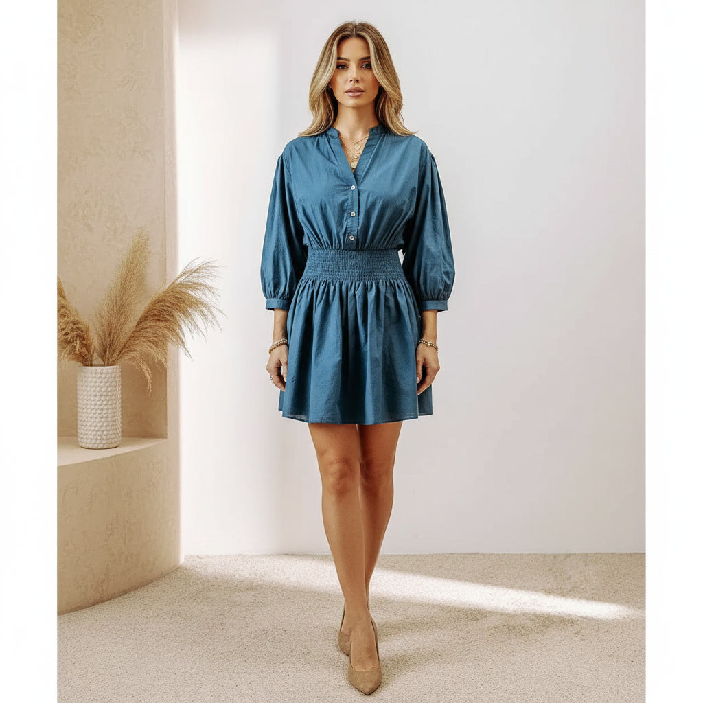 Smocked Half Button Three-Quarter Sleeve Mini Dress