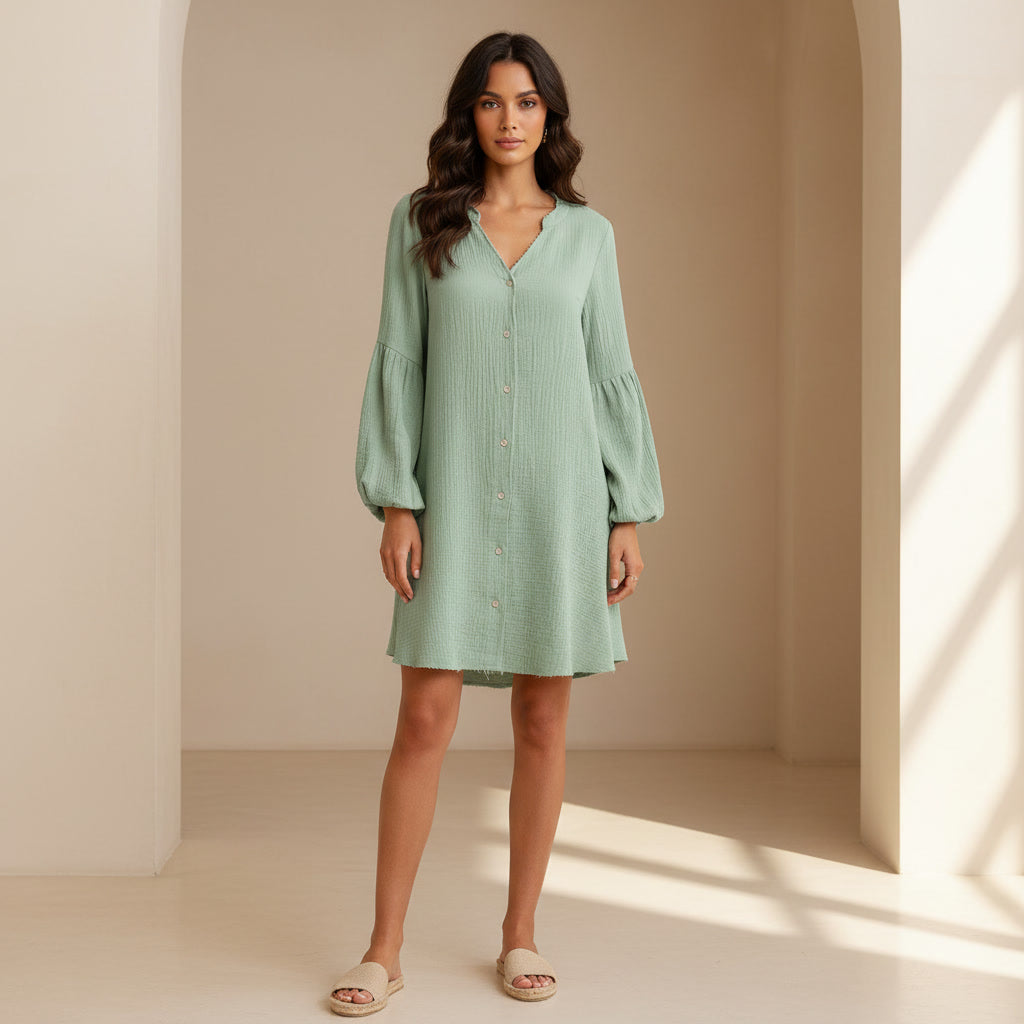 Devine Notched Balloon Sleeve Mini Dress
