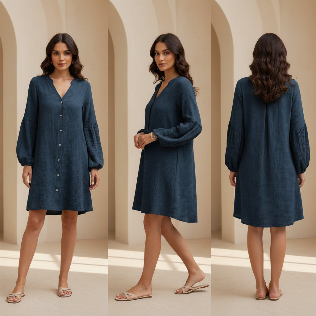 Devine Notched Balloon Sleeve Mini Dress