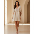 V-Neck Tie-Front Mini Dress with Puff Sleeves