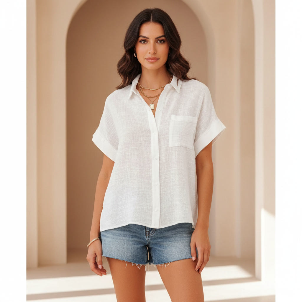 Full Size Button Up Short Sleeve Shirt Plus Size