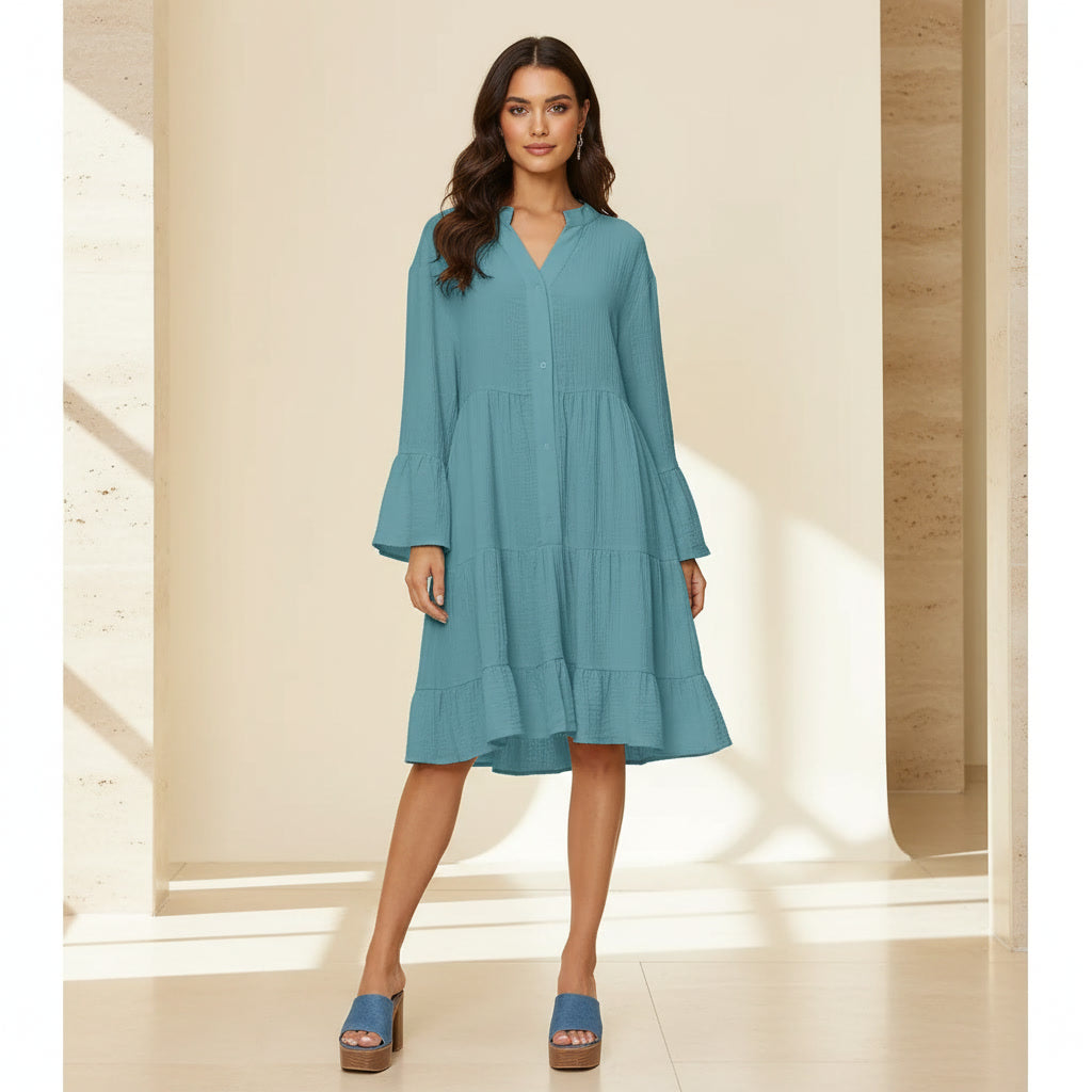 Double Take Full Size Texture Button Up Ruffle Hem Dress
