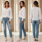 Eyelet Long Sleeve Blouse with Elastic Cuffs