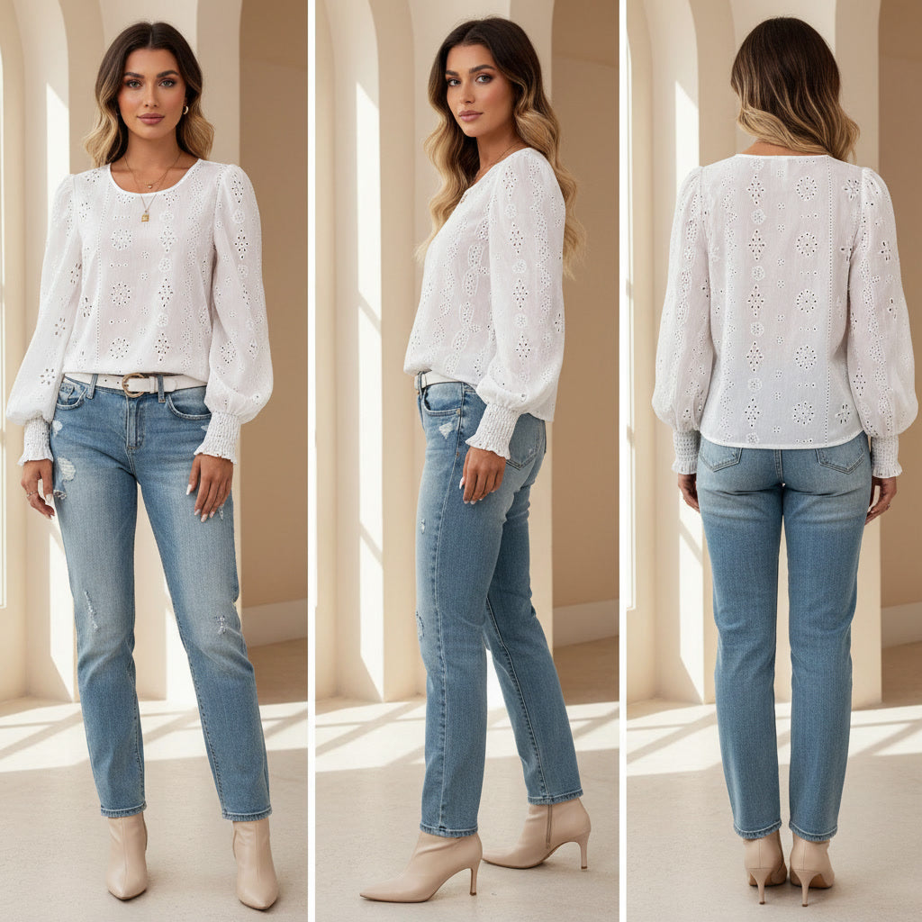 Eyelet Long Sleeve Blouse with Elastic Cuffs