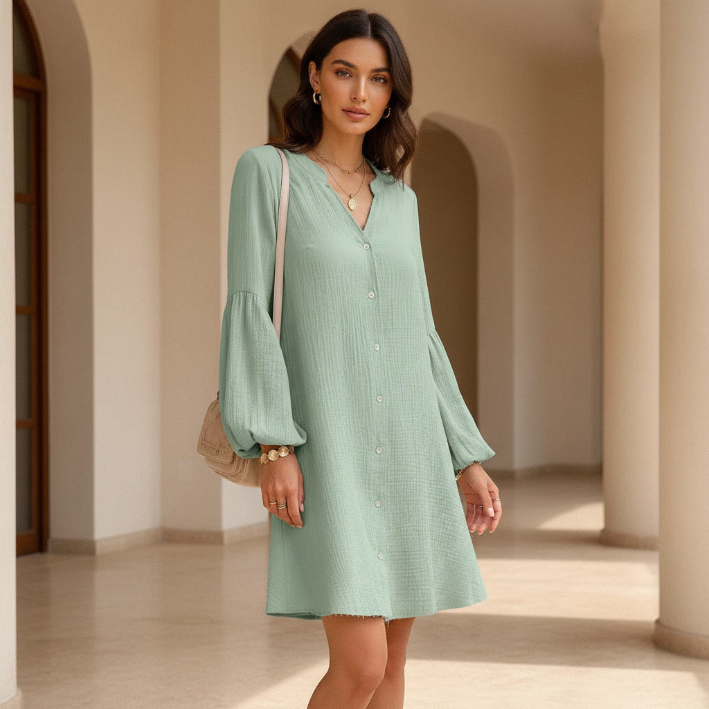 Devine Notched Balloon Sleeve Mini Dress